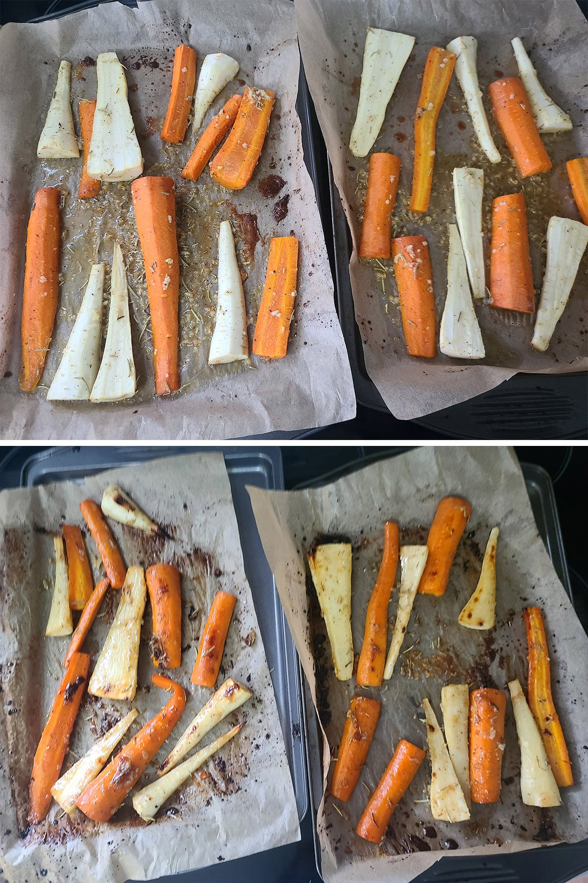 A 2 part image showing the pan of veggies at 2 different points during roasting.