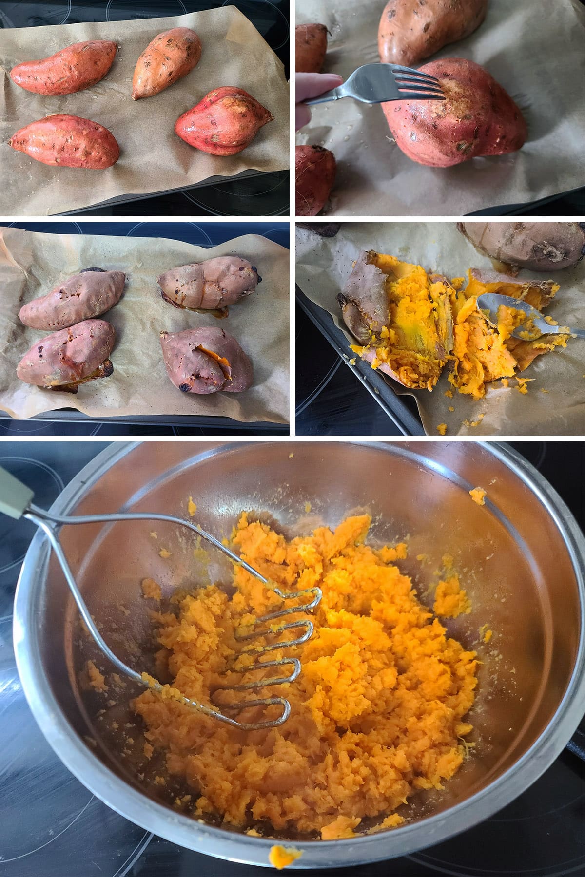 A 5 part image showing the sweet potatoes being roasted, peeled, and mashed.