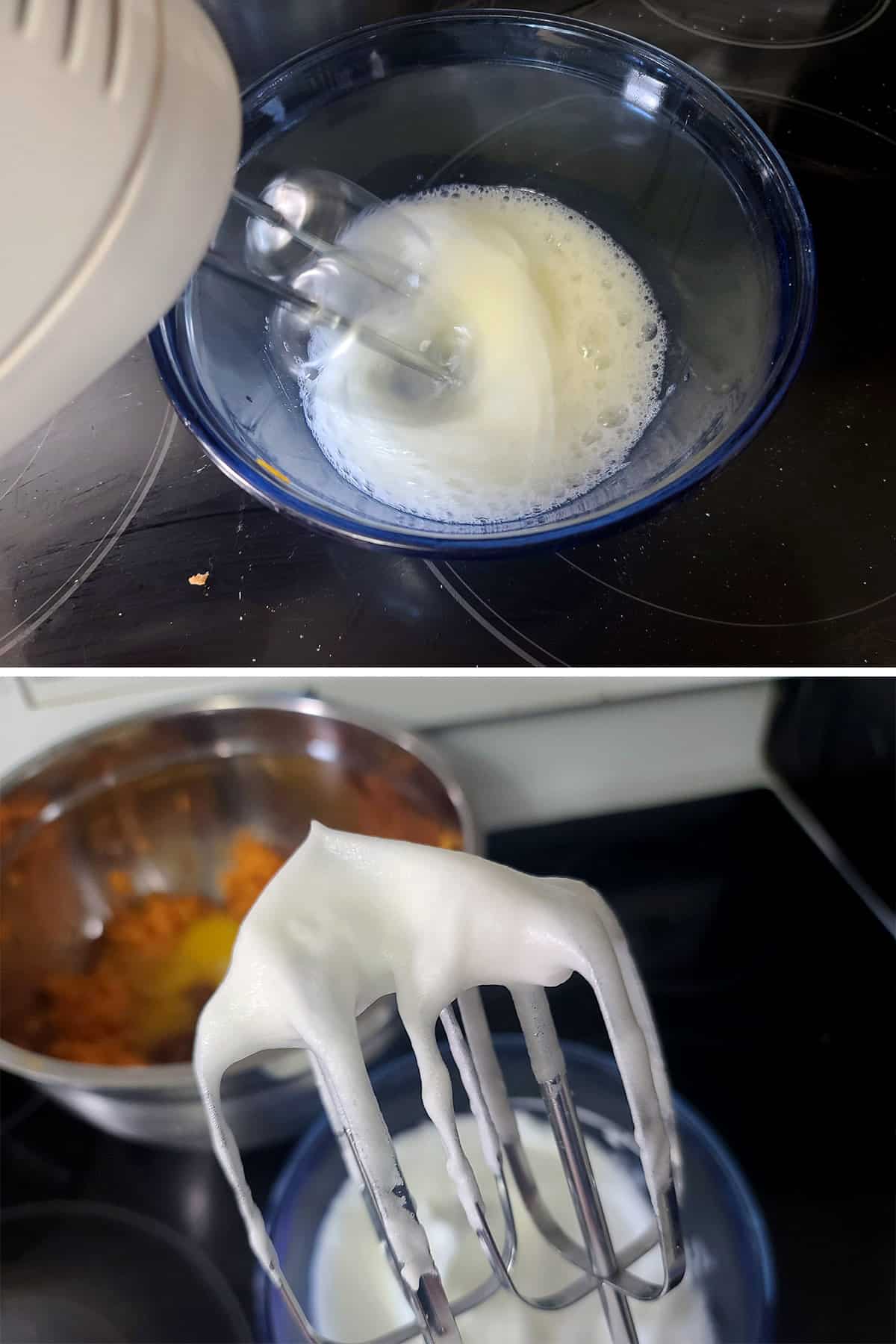 A 2 part image showing the egg whites being whipped.