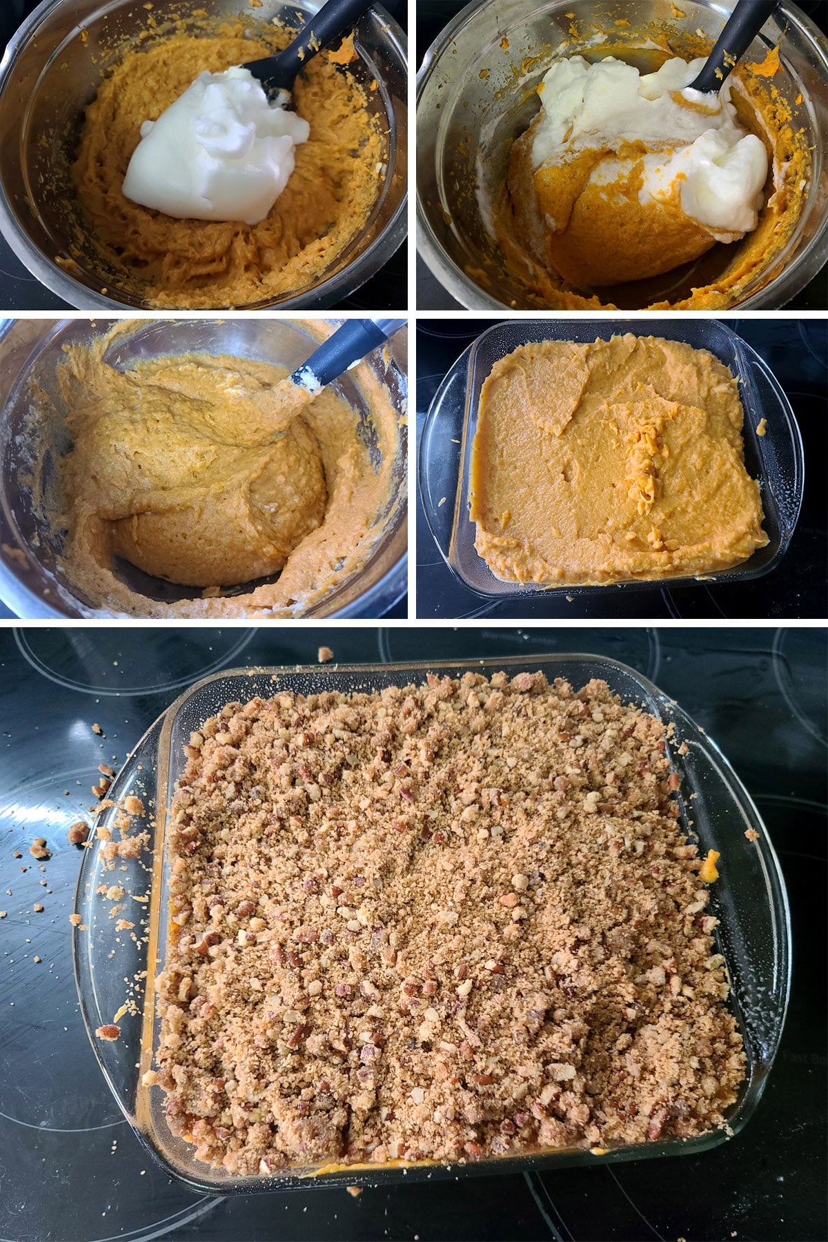 A 5 part image showing the egg whites being folded into the souffle, spread in a pan, and topped with the butter pecan mixture.