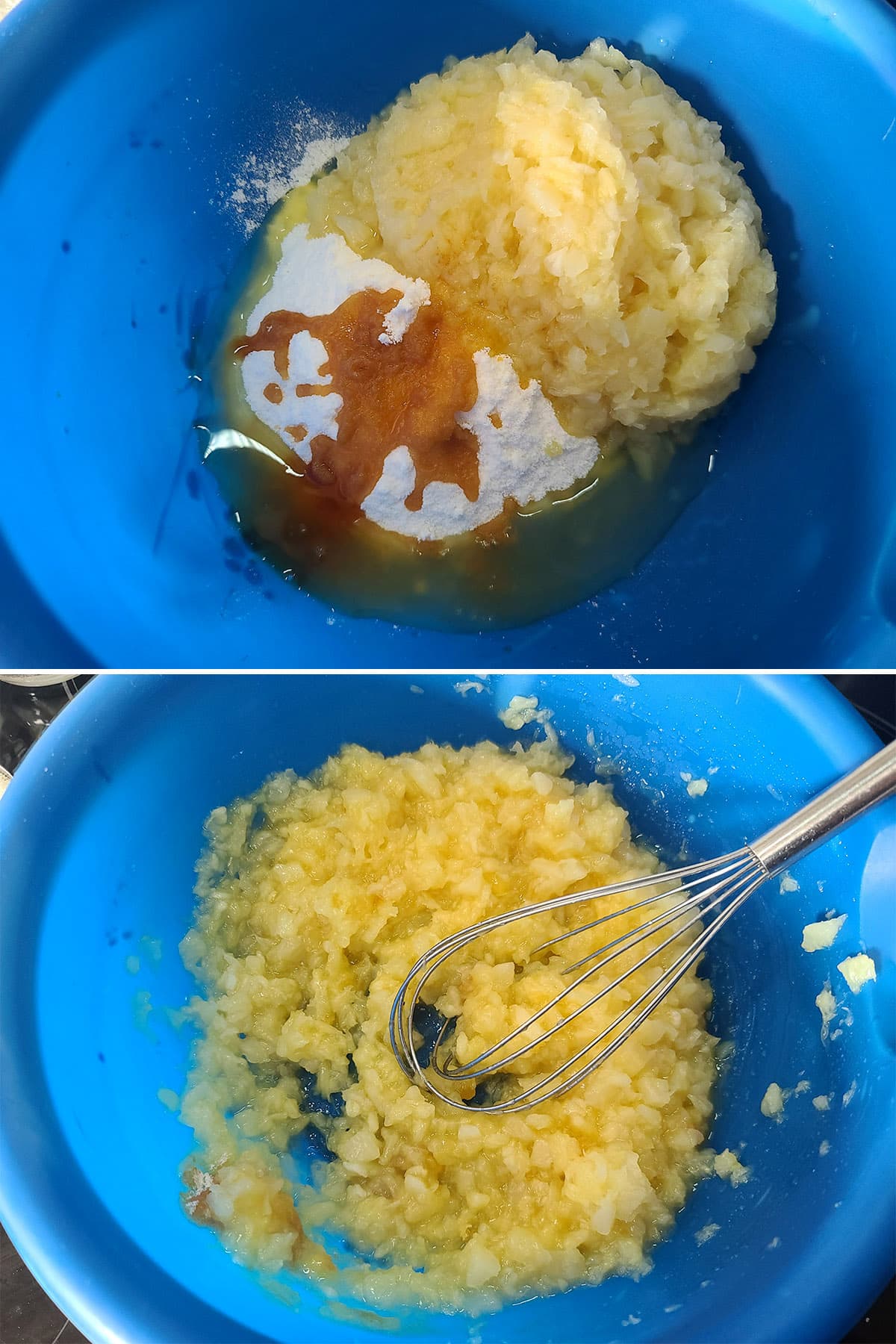 A 2 part image showing crushed pineapple, rum extract, and vanilla pudding being mixed together.