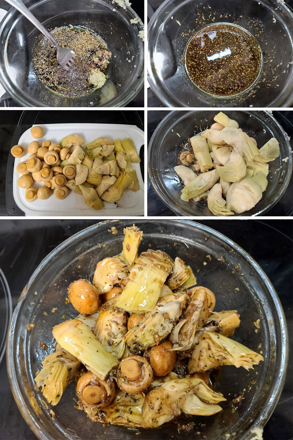 A 5 part image showing the artichoke hearts and mushrooms being marinated.
