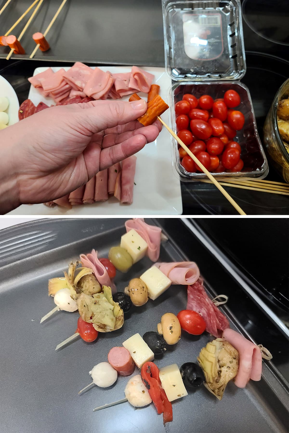 A 2 part image showing a hand threading a piece of pepperoni stick on a skewer, and several finished skewers on a baking pan.