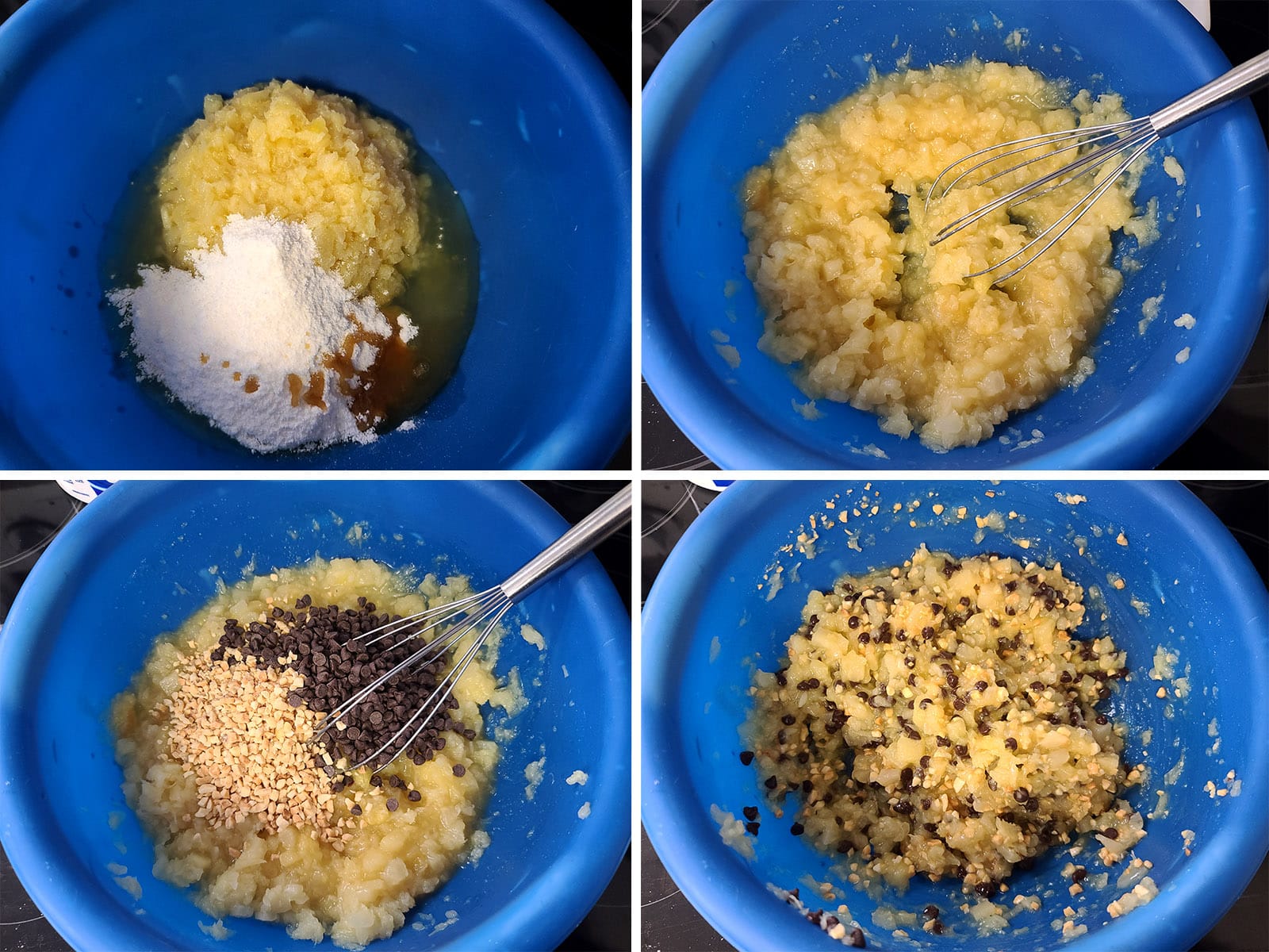 A 4 part image showing the pudding, vanilla, crushed pineapple, chocolate chips, and peanuts being mixed together in stages.