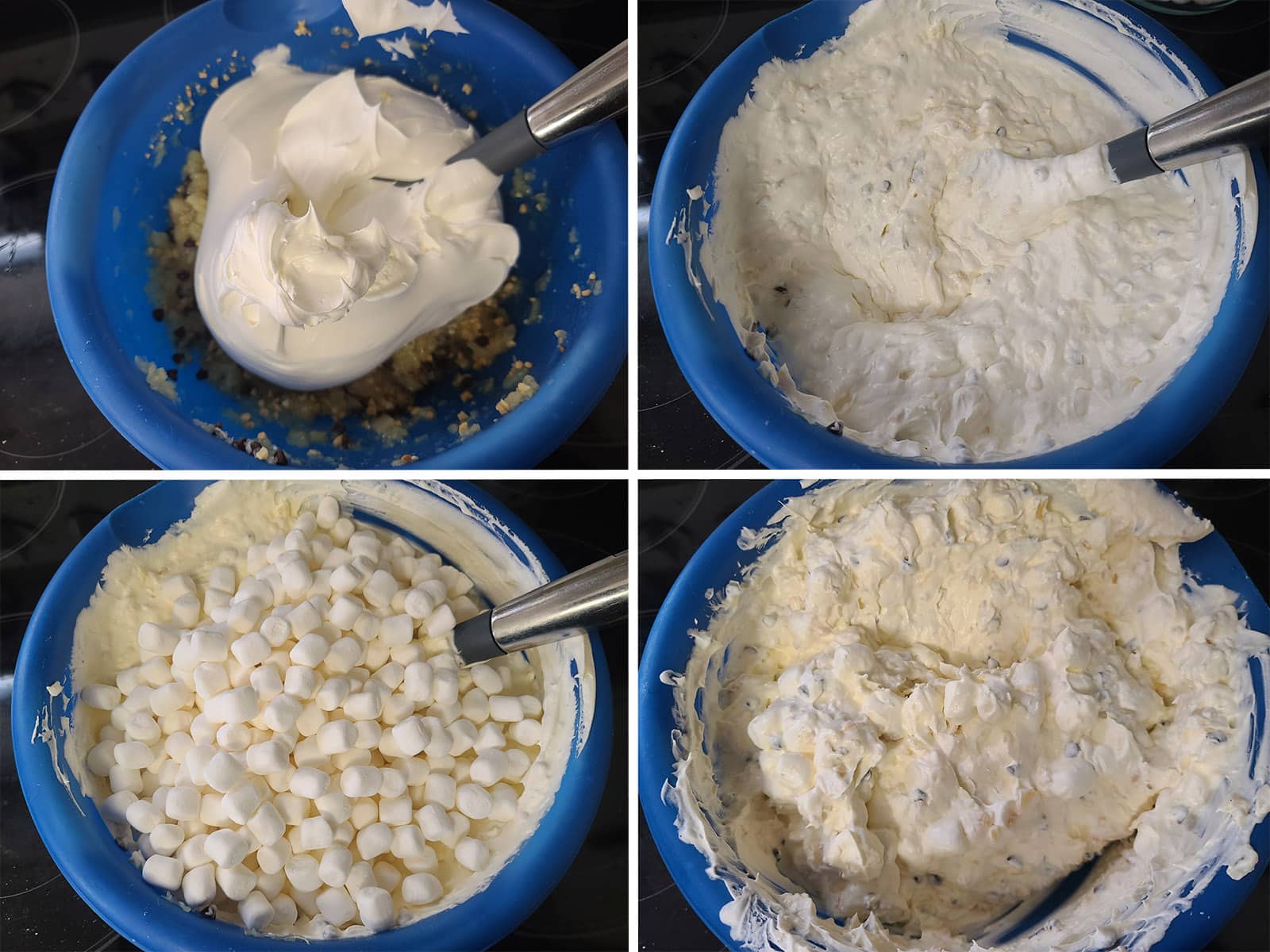 A 4 part image showing the Cool Whip and then marshmallows being mixed into the marshmallow pudding base.