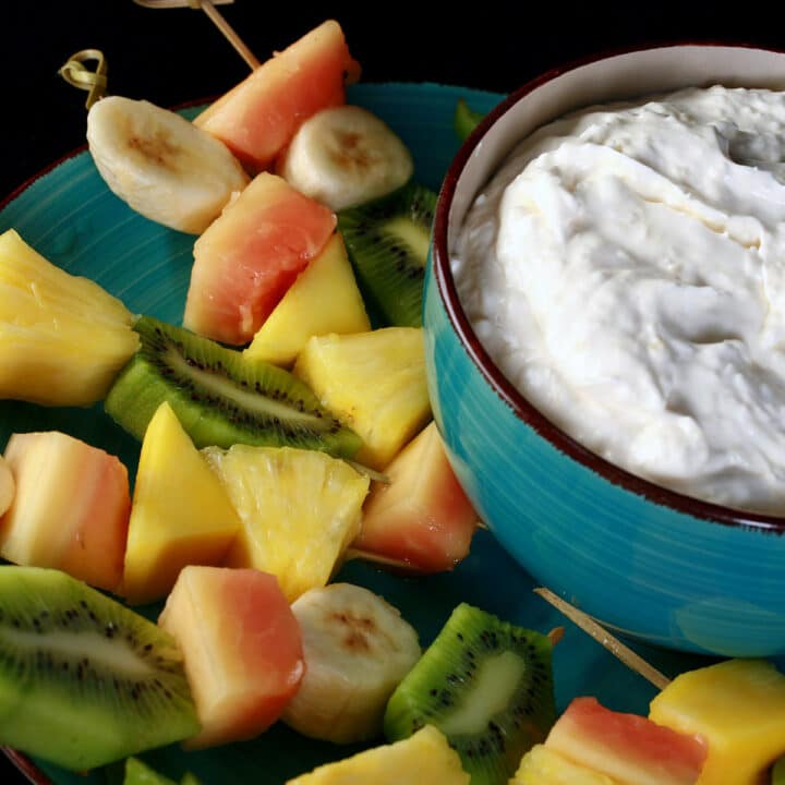 Tropical Fruit Skewers with Quick Pina Colada Dip Beyond Flour