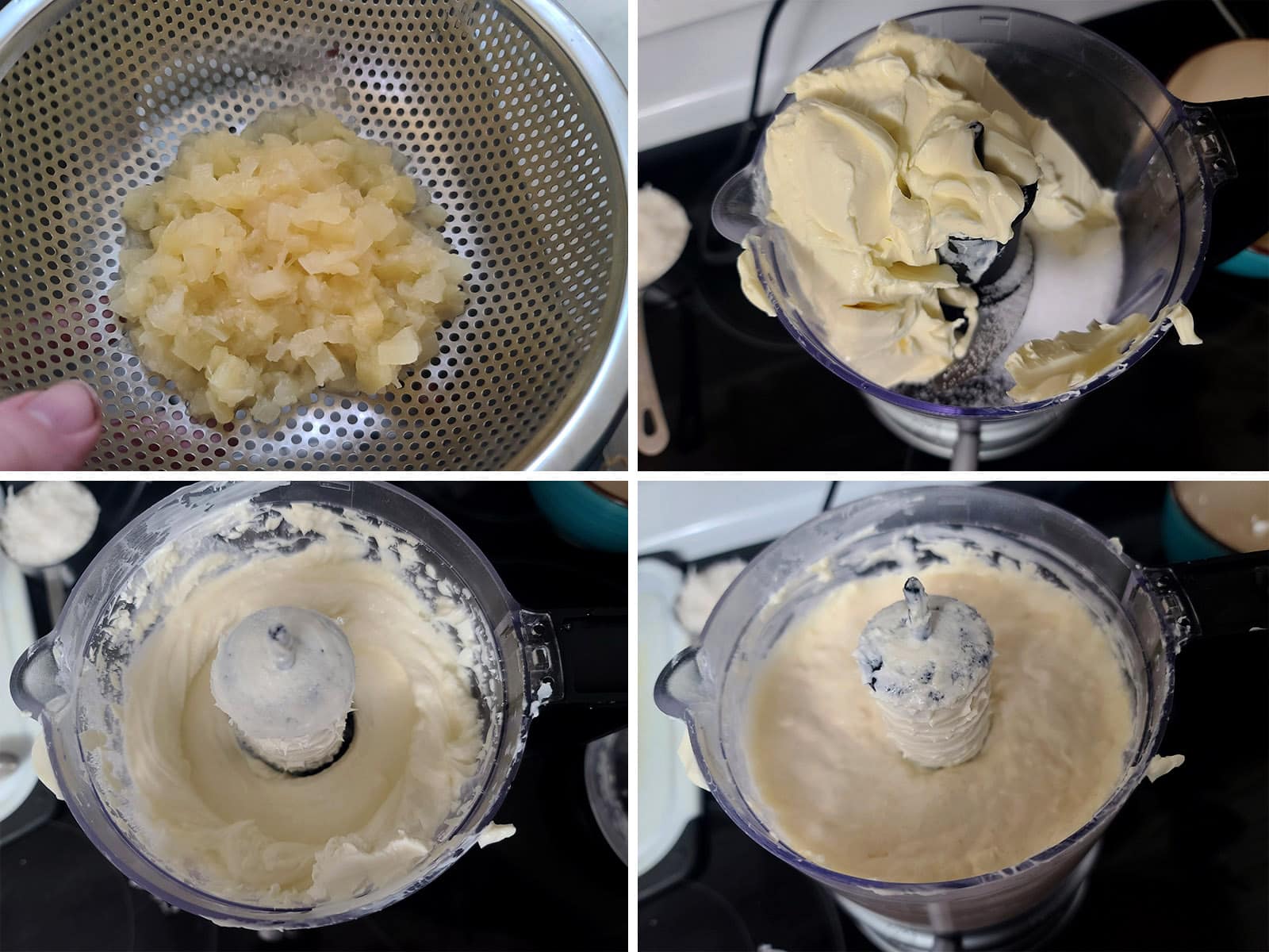 A 4 part image showing the pineapple draining, the being pureed with softened cream cheese.