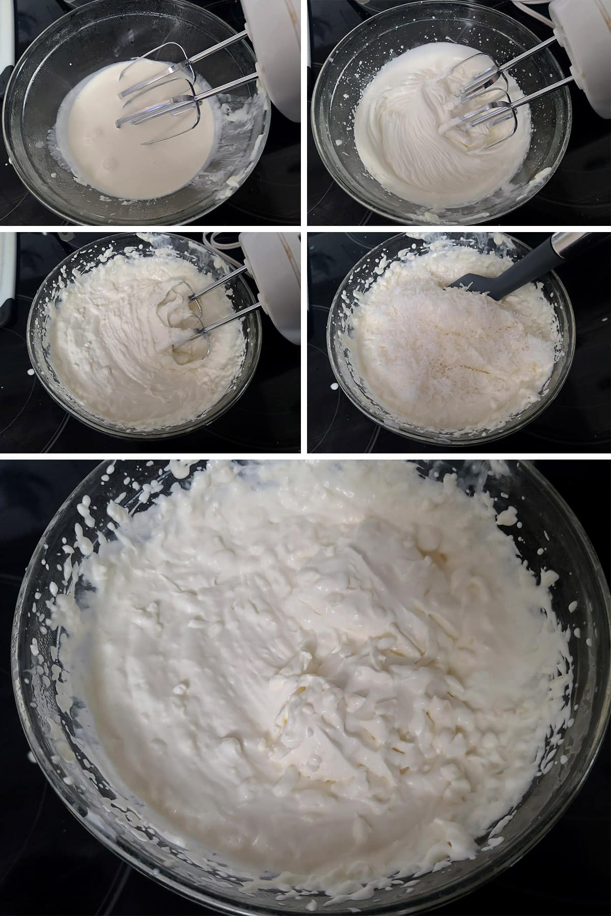 A 5 part image showing the heavy cream being whipped, and the cream cheese and coconut beat into it.