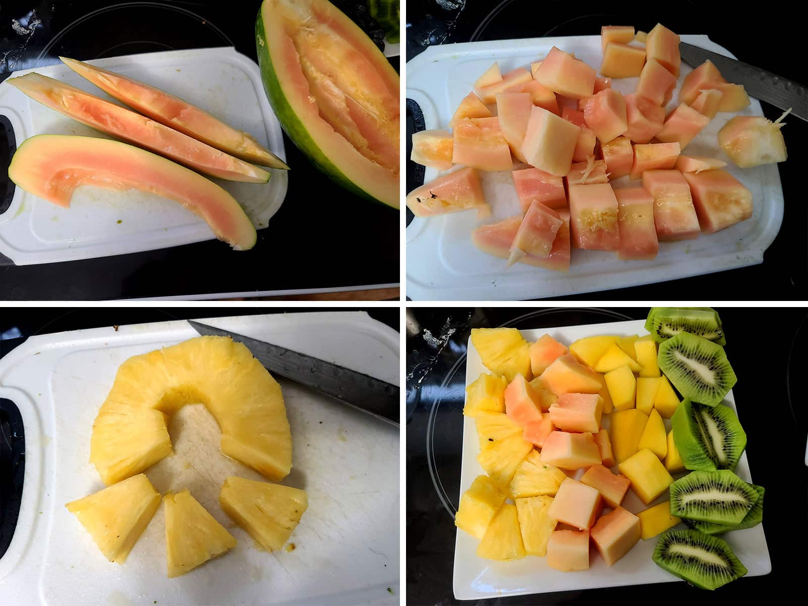 A 4 part image showing papaya and pineapple being chopped into chunks.