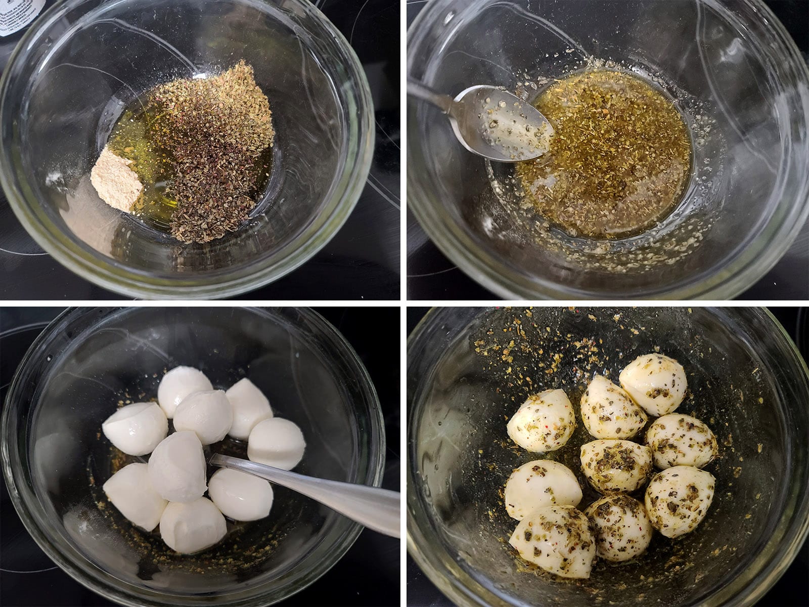 A 4 part image showing the marinade being mixed, bocconcini added, and the cheese coated in marinade.