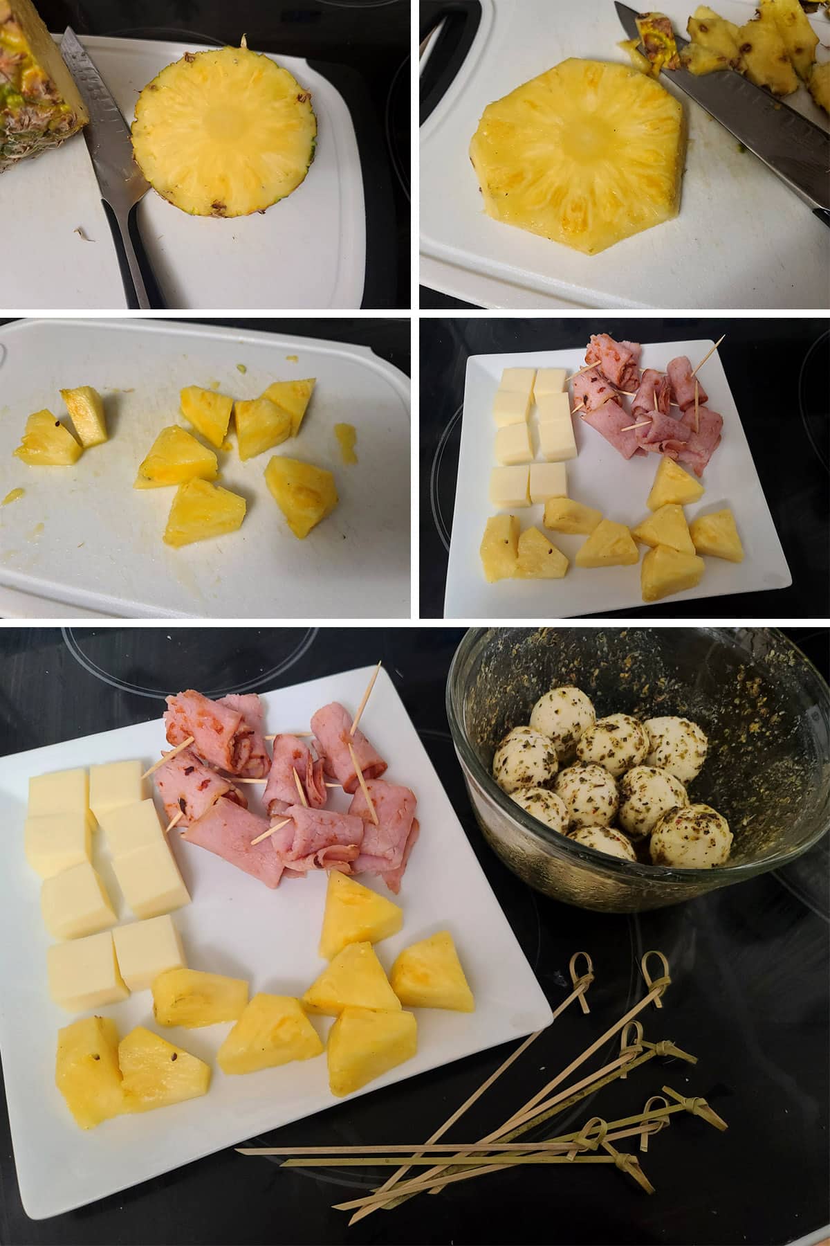 A 5 part image showing a slice of pineapple being cored, cut into chunks, and laid out with the other skewer ingredients.