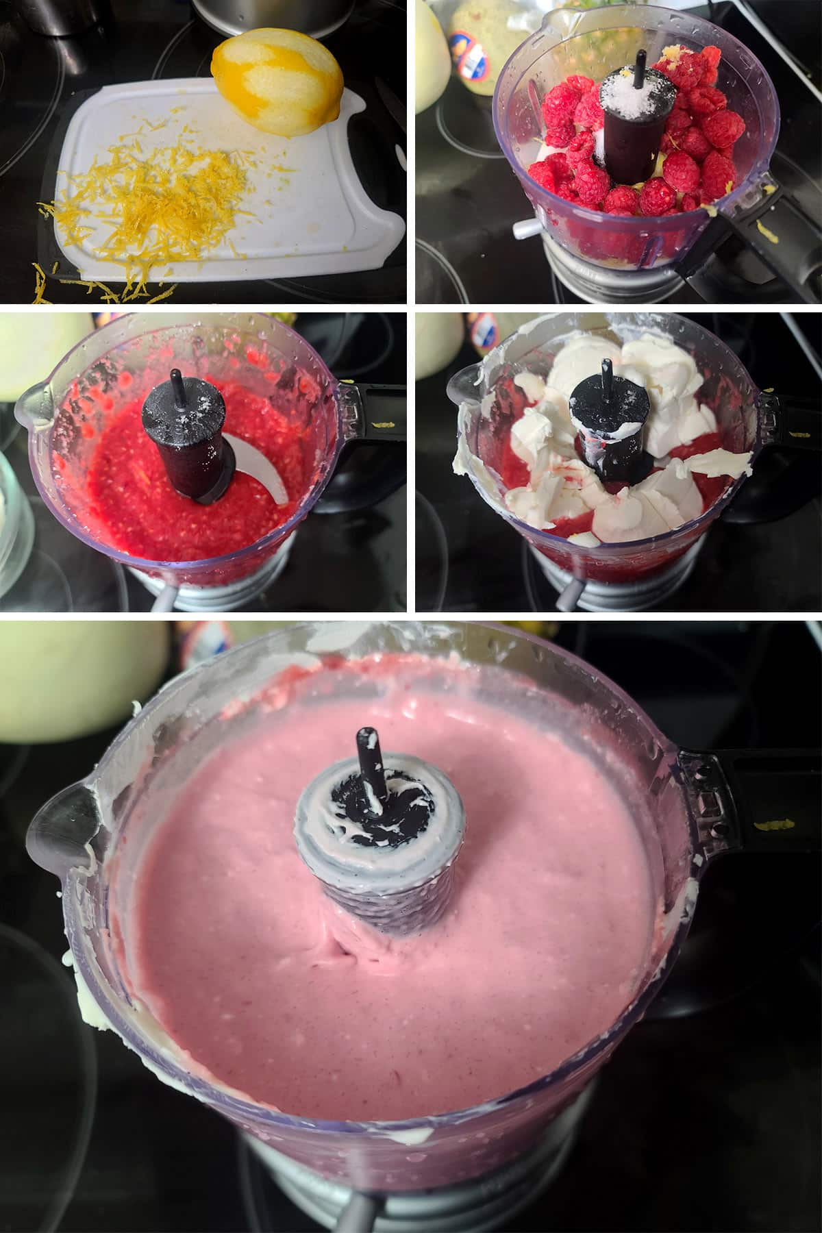 A 5 part image showing the lemon being zested, the raspberries pureed with the sugar, and the cream cheese blended in.