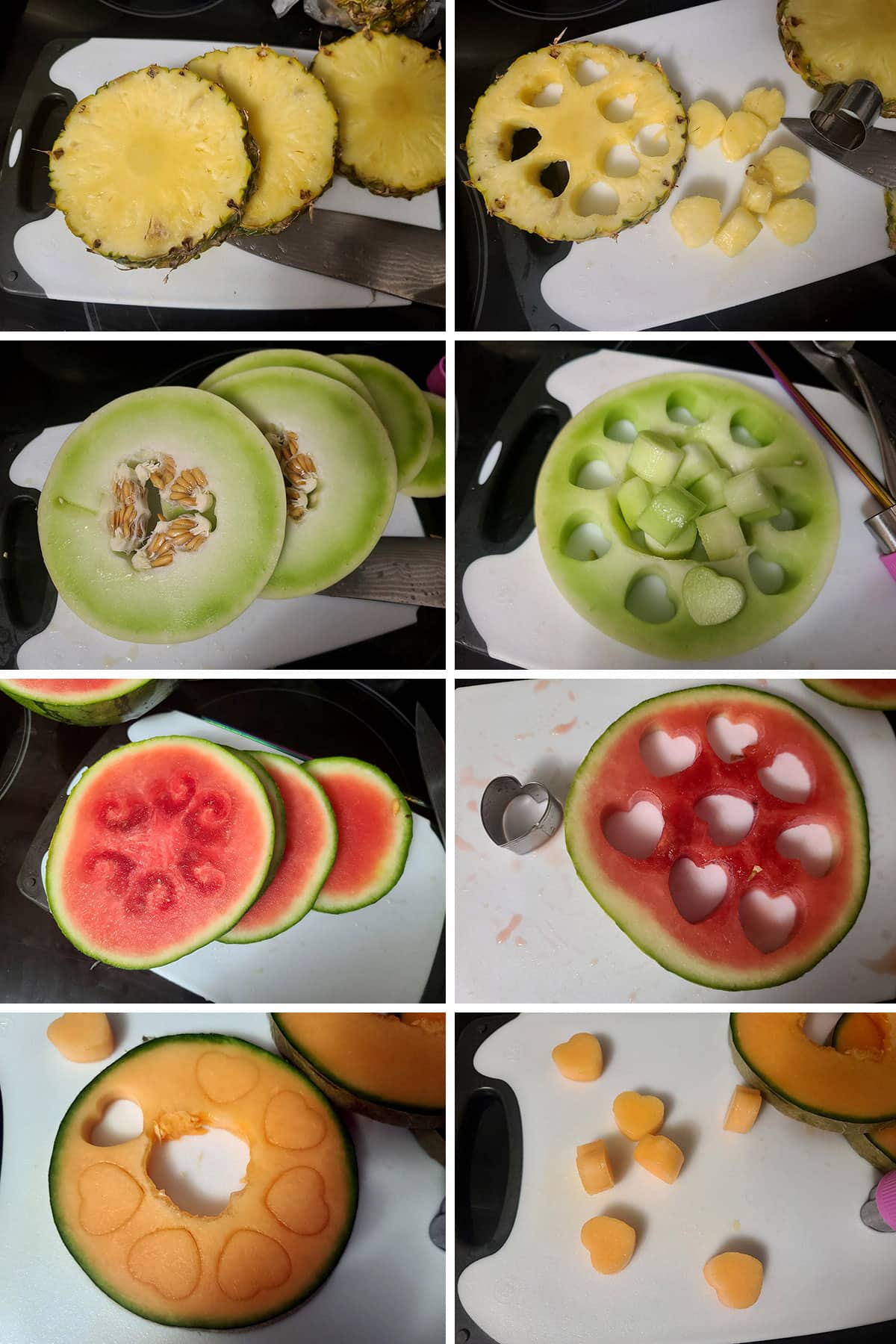 An 8 part image showing slices of pineapple, honeydew, watermelon, and cantaloupe having heart shaped pieces cut from them, with mini cookie cutters.