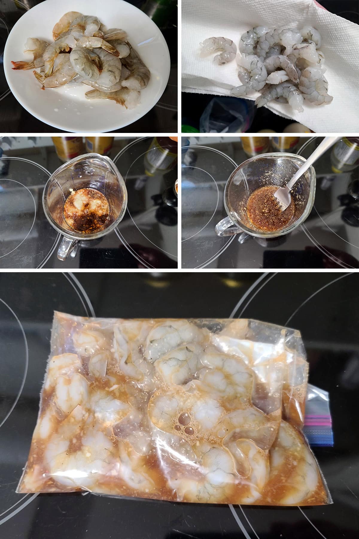 A 5 part image showing the shrimp being peeled, the marinade mixed, and the shrimp marinating in a bag.