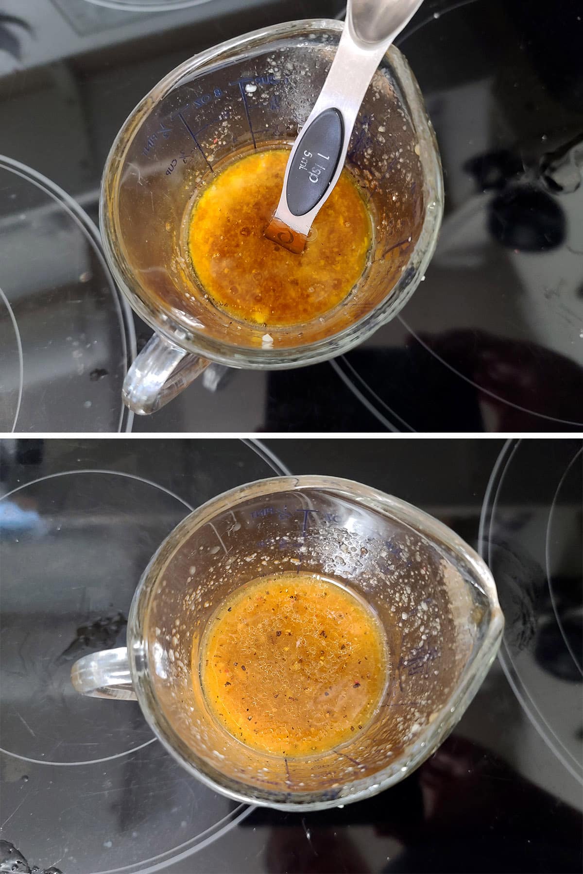 A 2 part image showing the dressing being whisked together in a glass measuring cup.