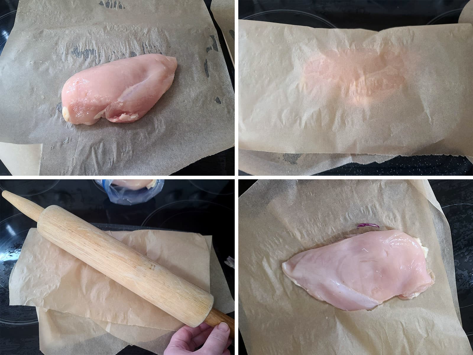 A 4 part image showing a chicken breast being pounded between pieces of parchment paper.