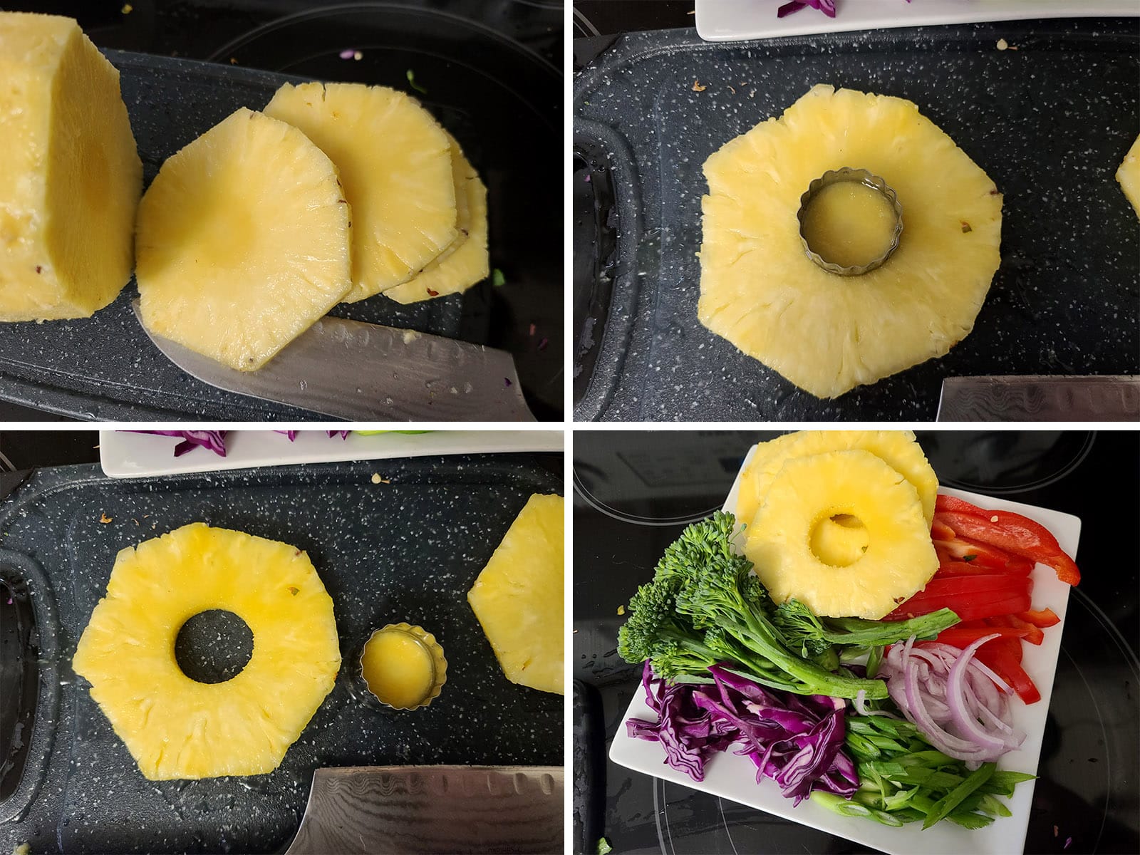 A 4 part image showing a pineapple being sliced, cored, and added to a plate of other vegetables.