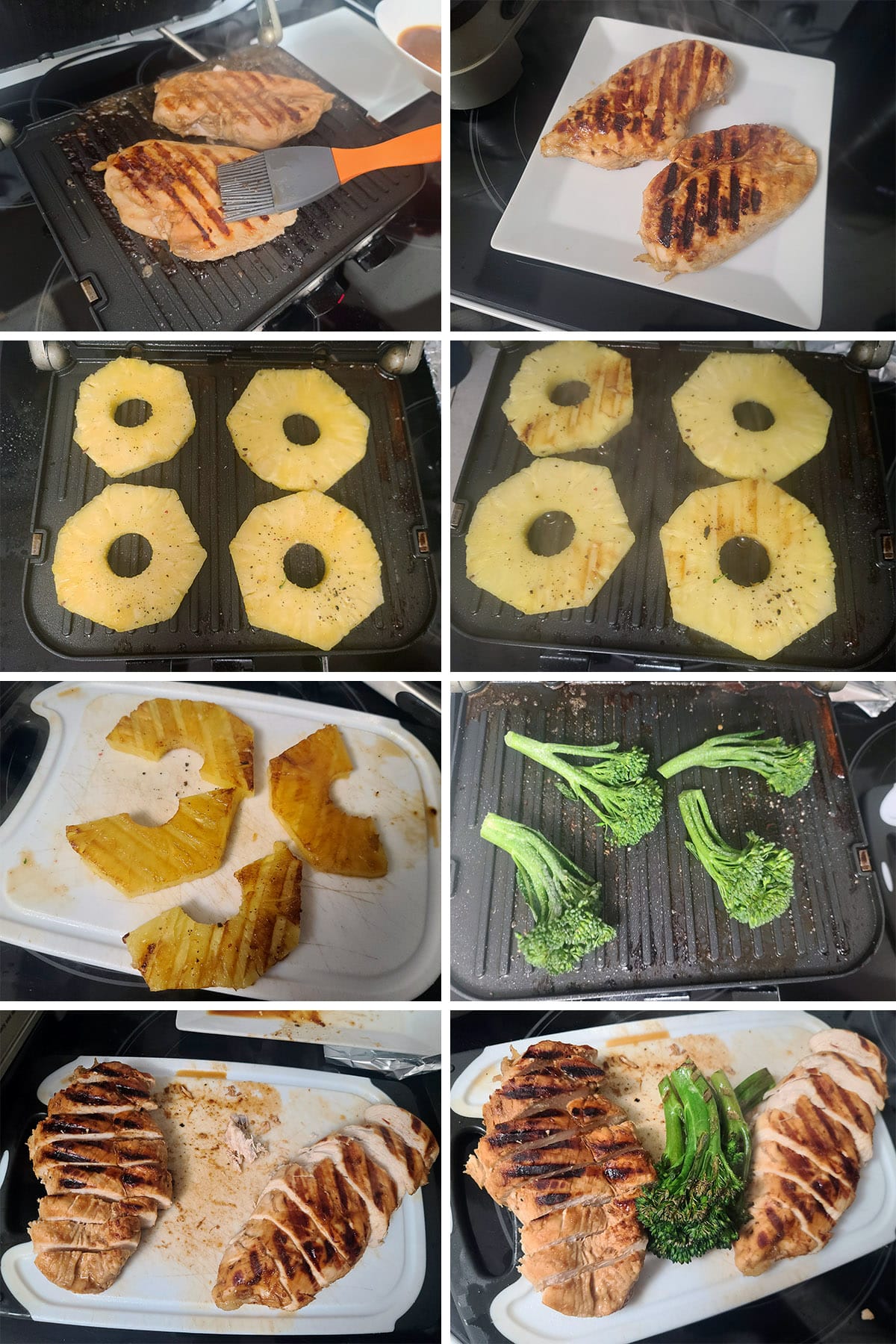 An 8 part image showing the chicken, pineapple, and broccolini being grilled, then the chicken sliced.