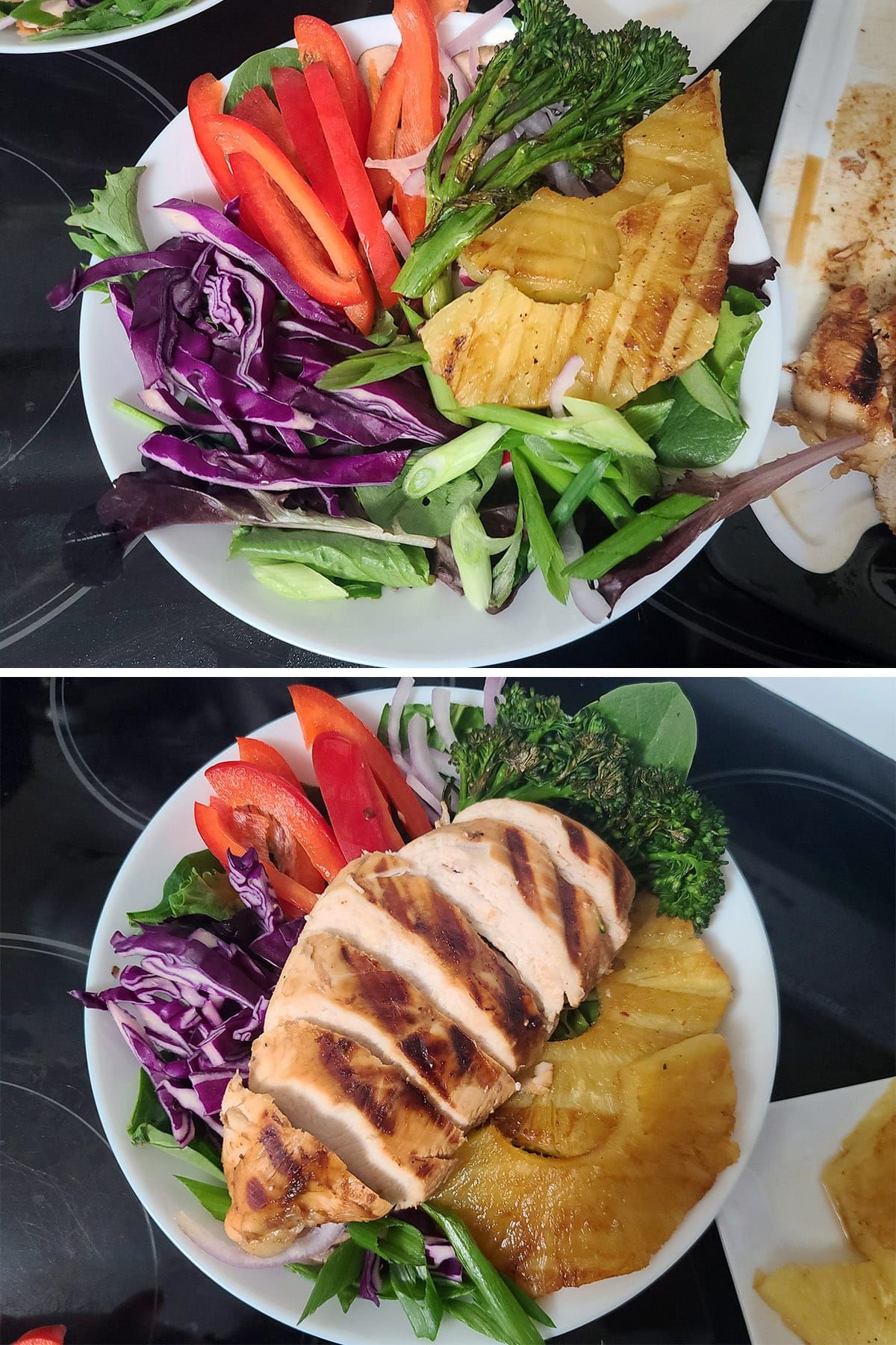 A 2 part image showing the assembled base salad before and after being topped with grilled chicken teriyaki.
