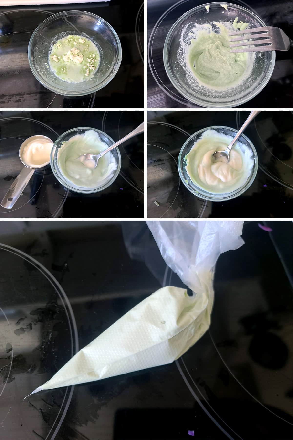 A 5 part image showing the wasabi mayo drizzle being made.