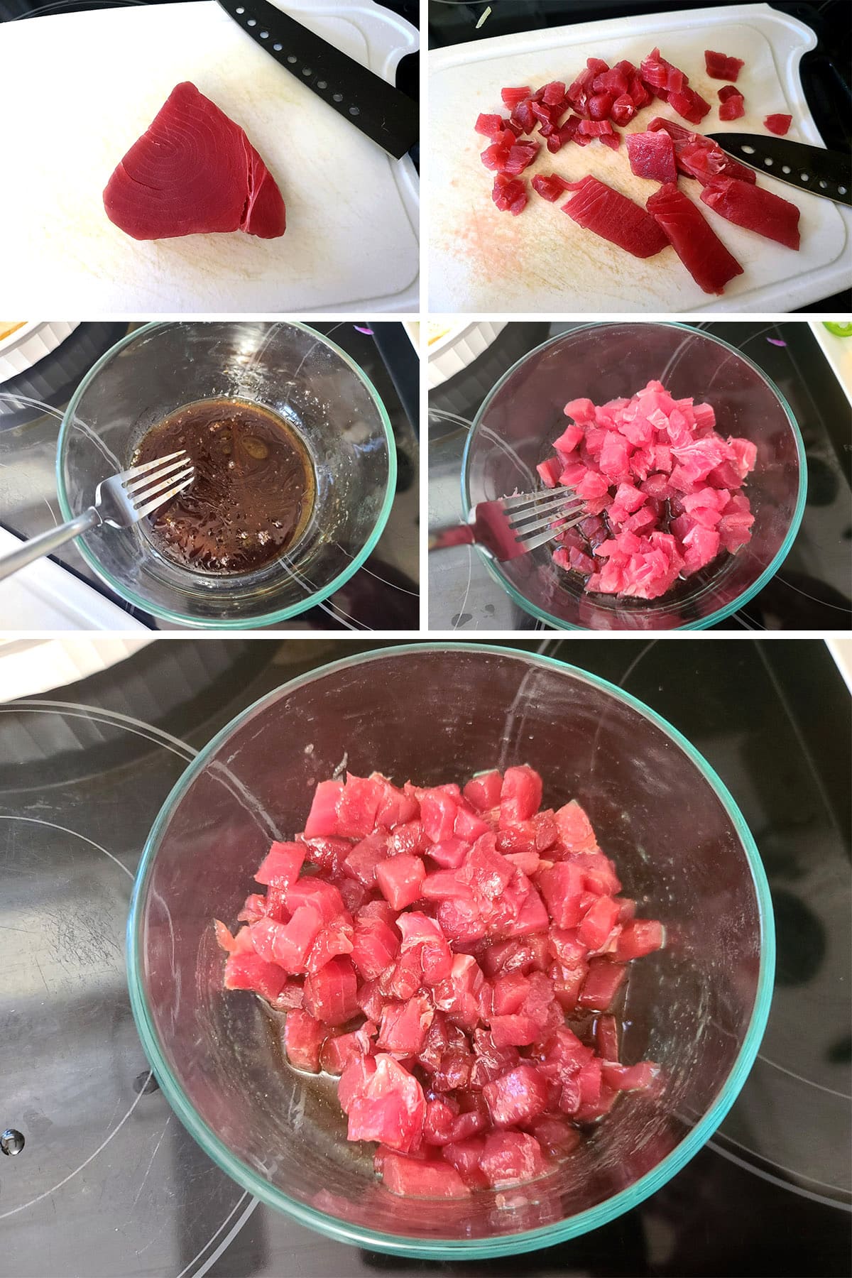 A 5 part image showing the tuna being cut, the marinade being mixed, and the chopped tuna being stirred into the marinade.