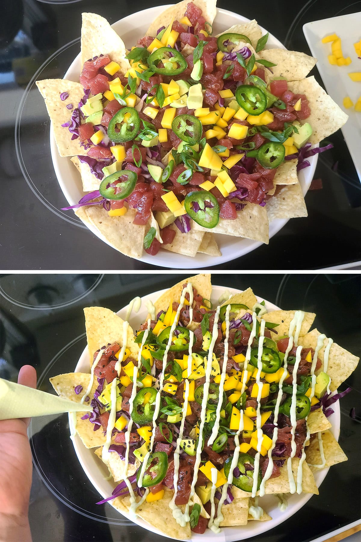 A 2 part image showing the assembled nacho platter, before and after being drizzled with wasabi mayo.