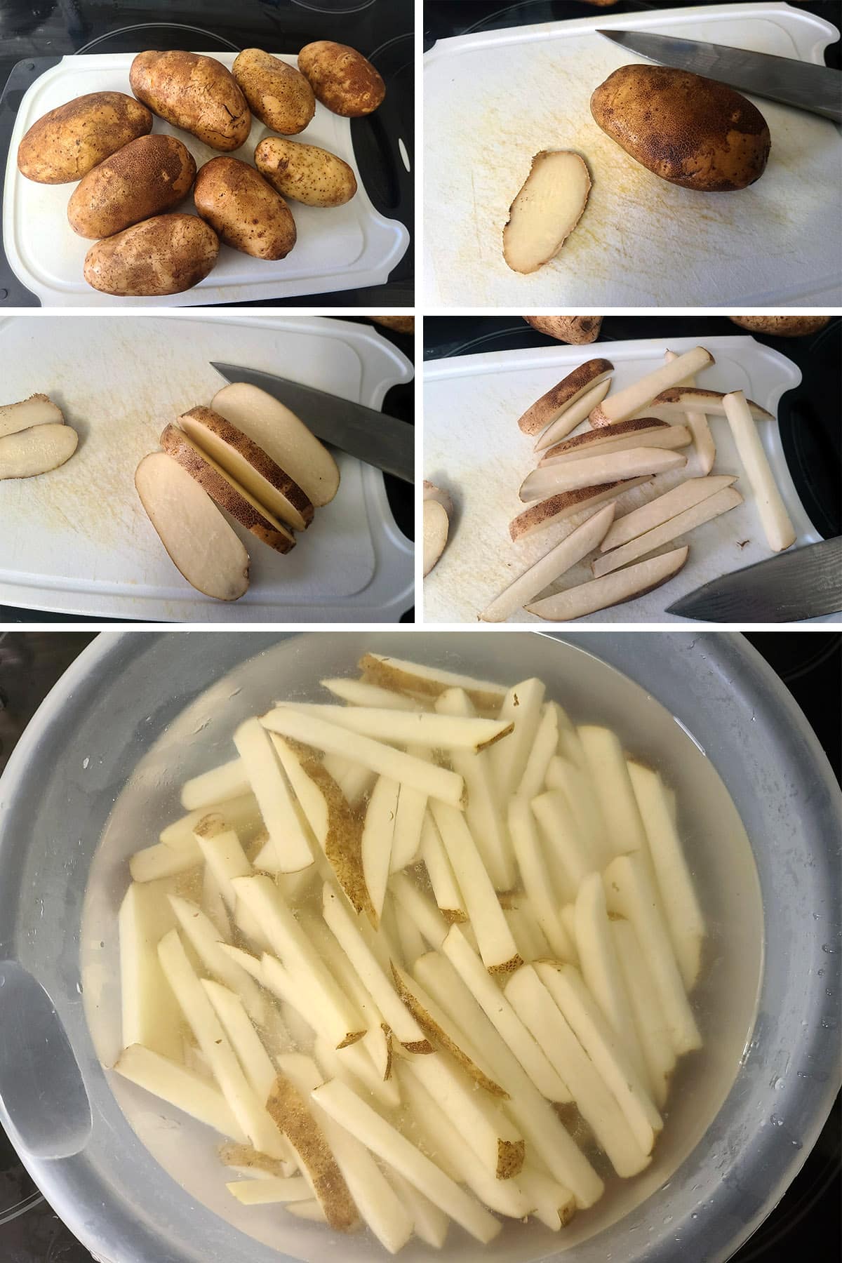 5 part image showing russet potatoes being sliced into fries and soaked in cold water.