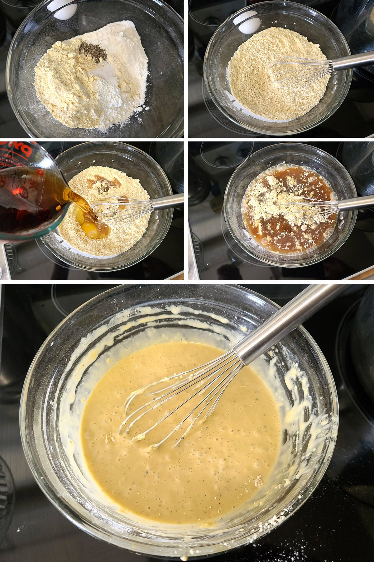 5 part image showing the gluten free beer batter being mixed.