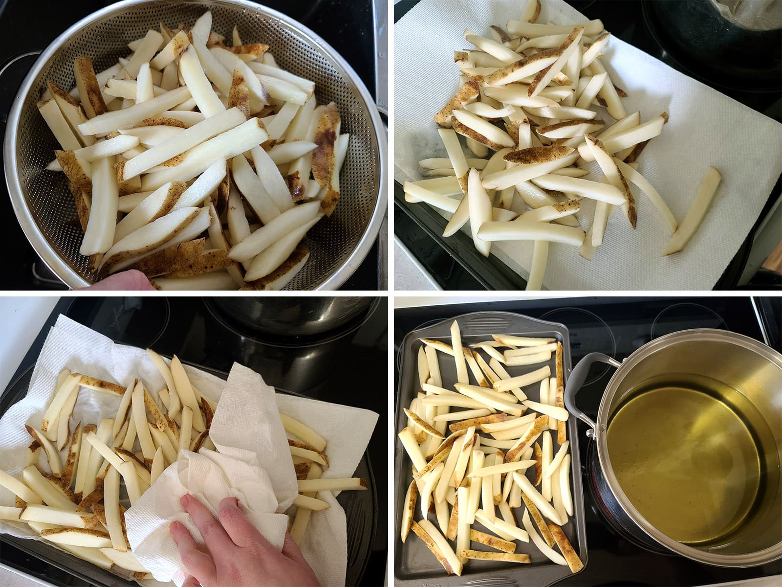 4 part image showing a bowl of soaked raw fries being blotted dry and set on a pan next to a large pot of oil.