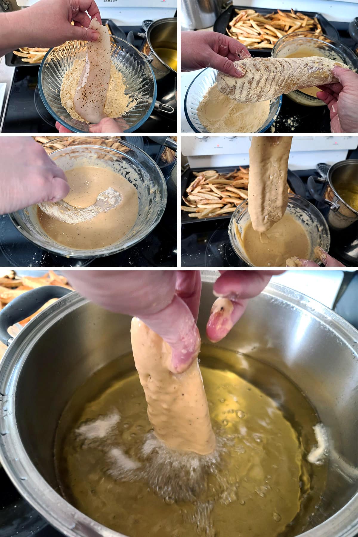 A 5 part image showing a fish fillet being dredged in chickpea flour, dunked in batter, the batter dripping off, and the fish being placed in a pot of hot oil.