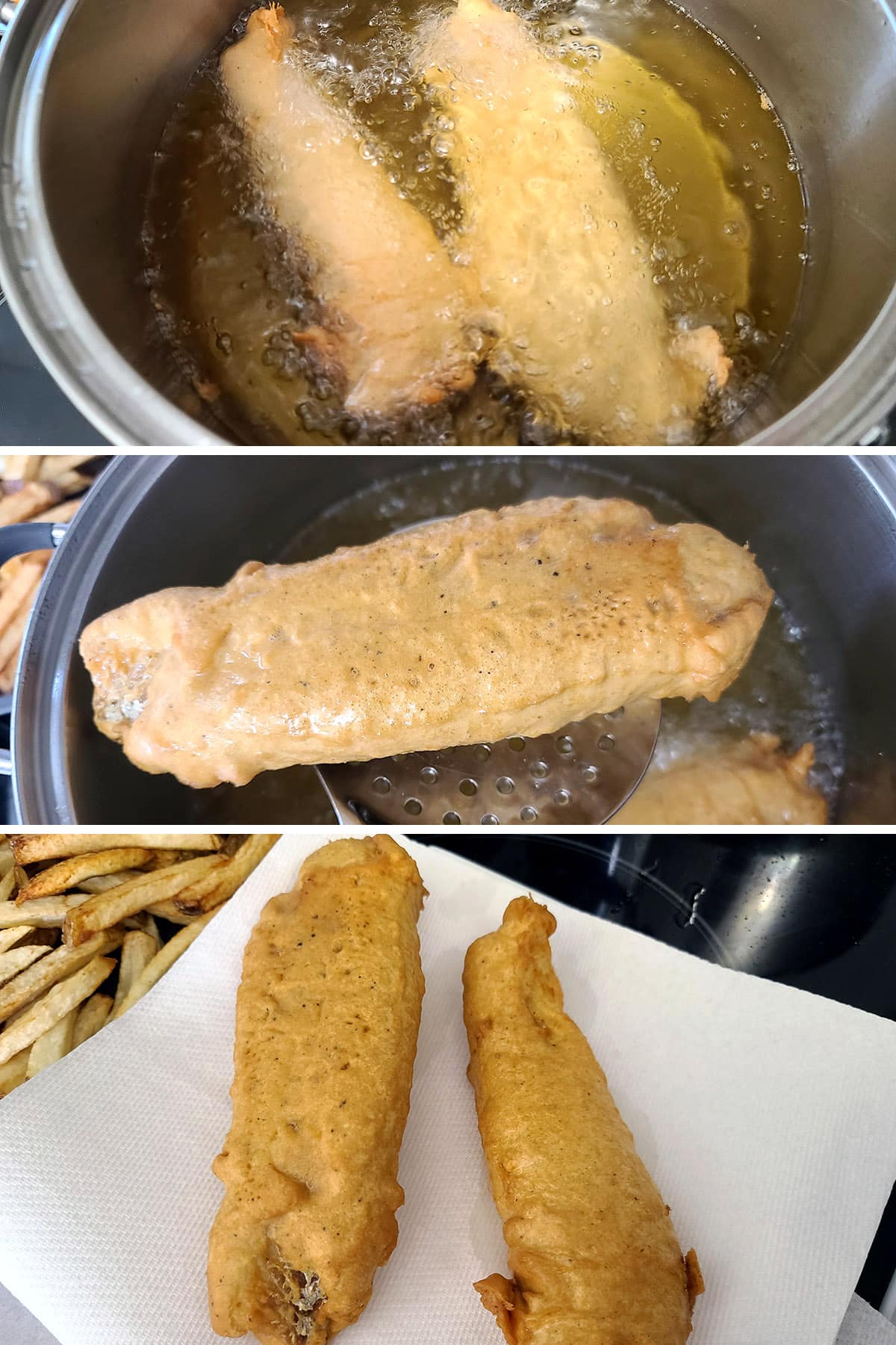 A 3 part image showing 2 pieces of battered gluten free fried fish frying in oil, being removed with a slotted spoon, then resting on paper towels.