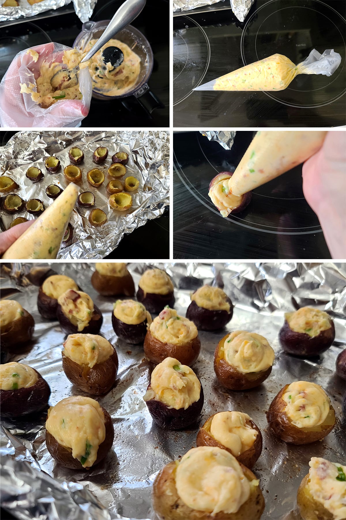 A 5 part image showing the loaded mashed potato mixture being spooned into a pastry bag and piped into the hollowed out mini potatoes.