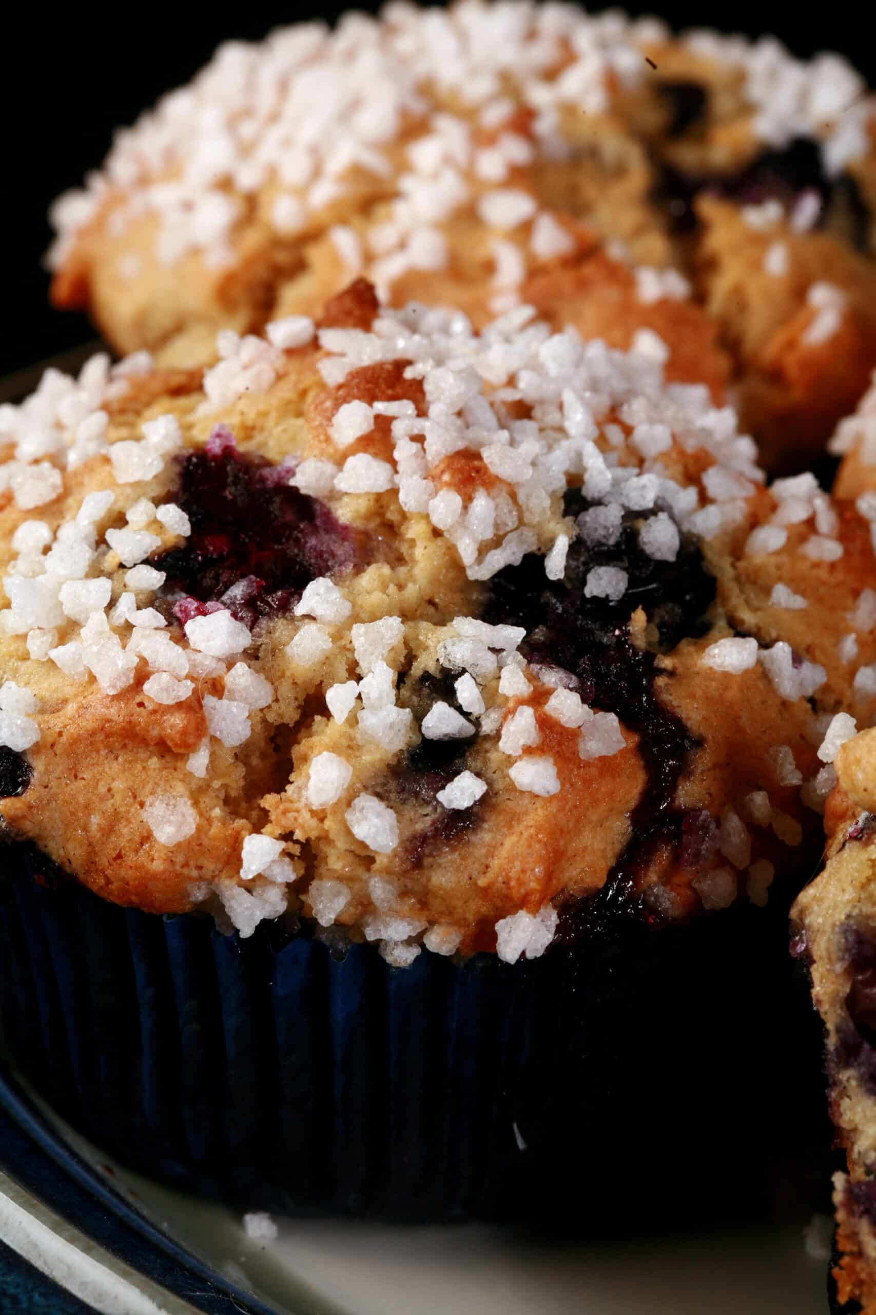 Close up photo of a gluten-free blueberry muffin on a plate.