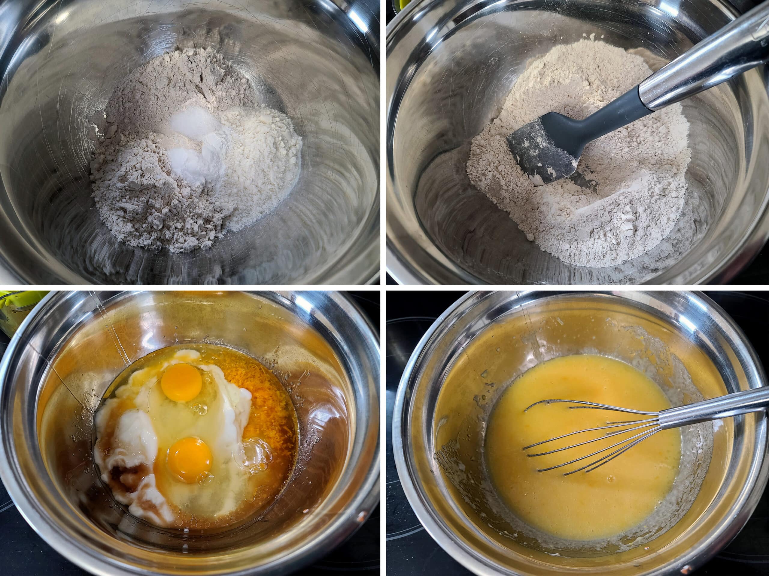 A 4 part image showing the wet ingredients and dry ingredients being mixed in separate bowls.