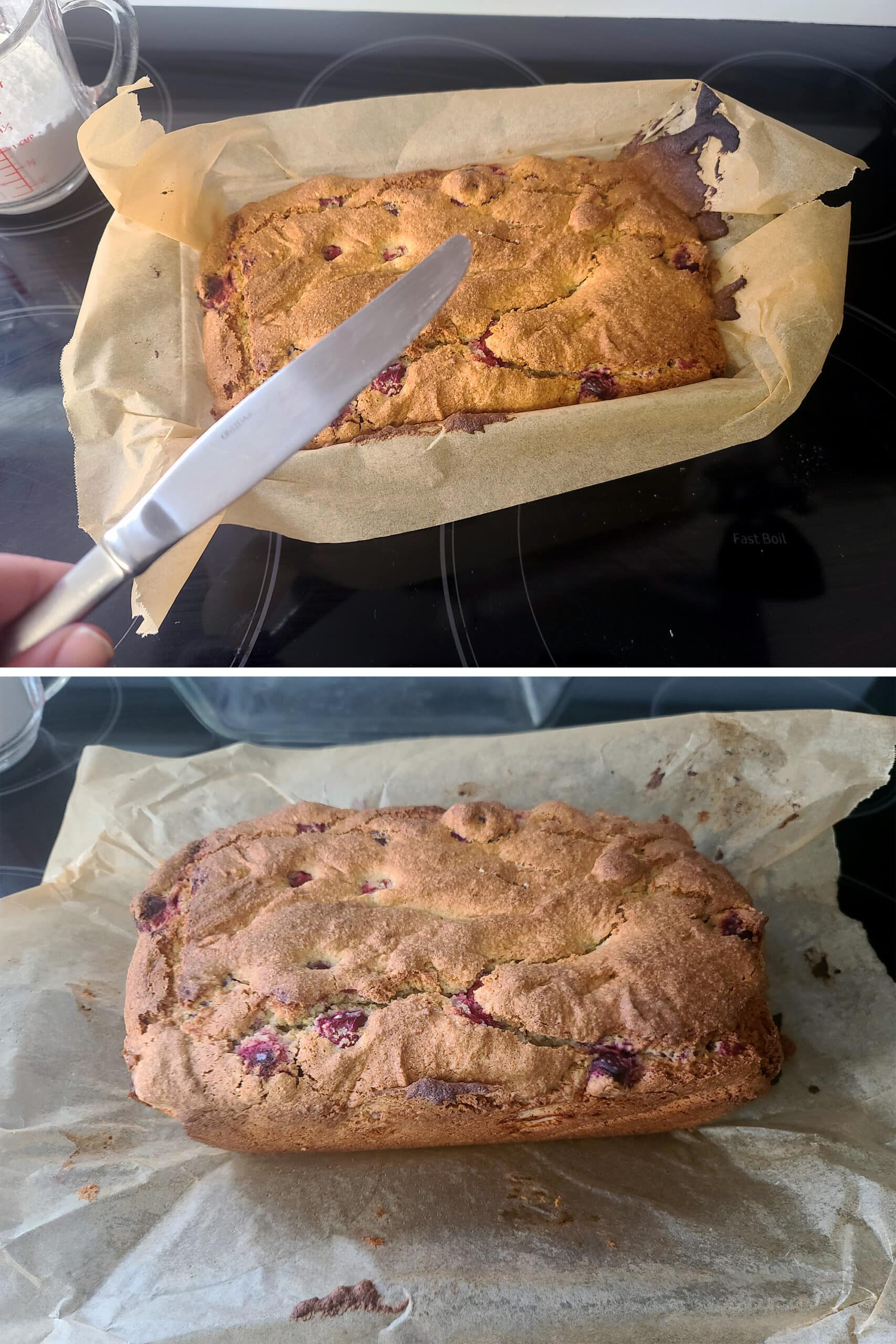 A 2 part image showing a clean butter knife being held above the baked loaf of cranberry orange bread, then the whole loaf removed from the pan, sitting on parchment.