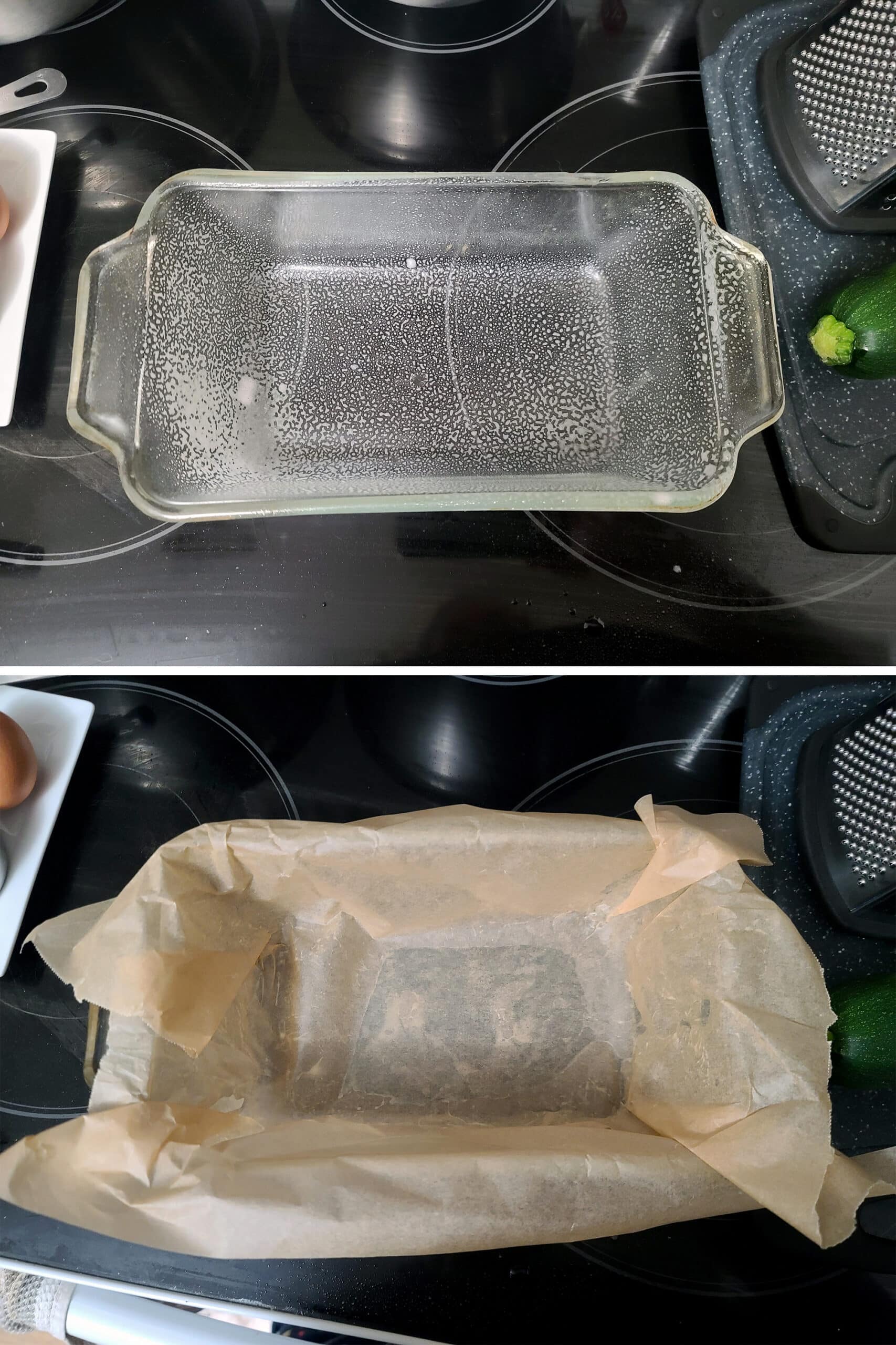 A 2 part image showing a glass loaf pan sprayed with pan spray, then lined with parchment paper.