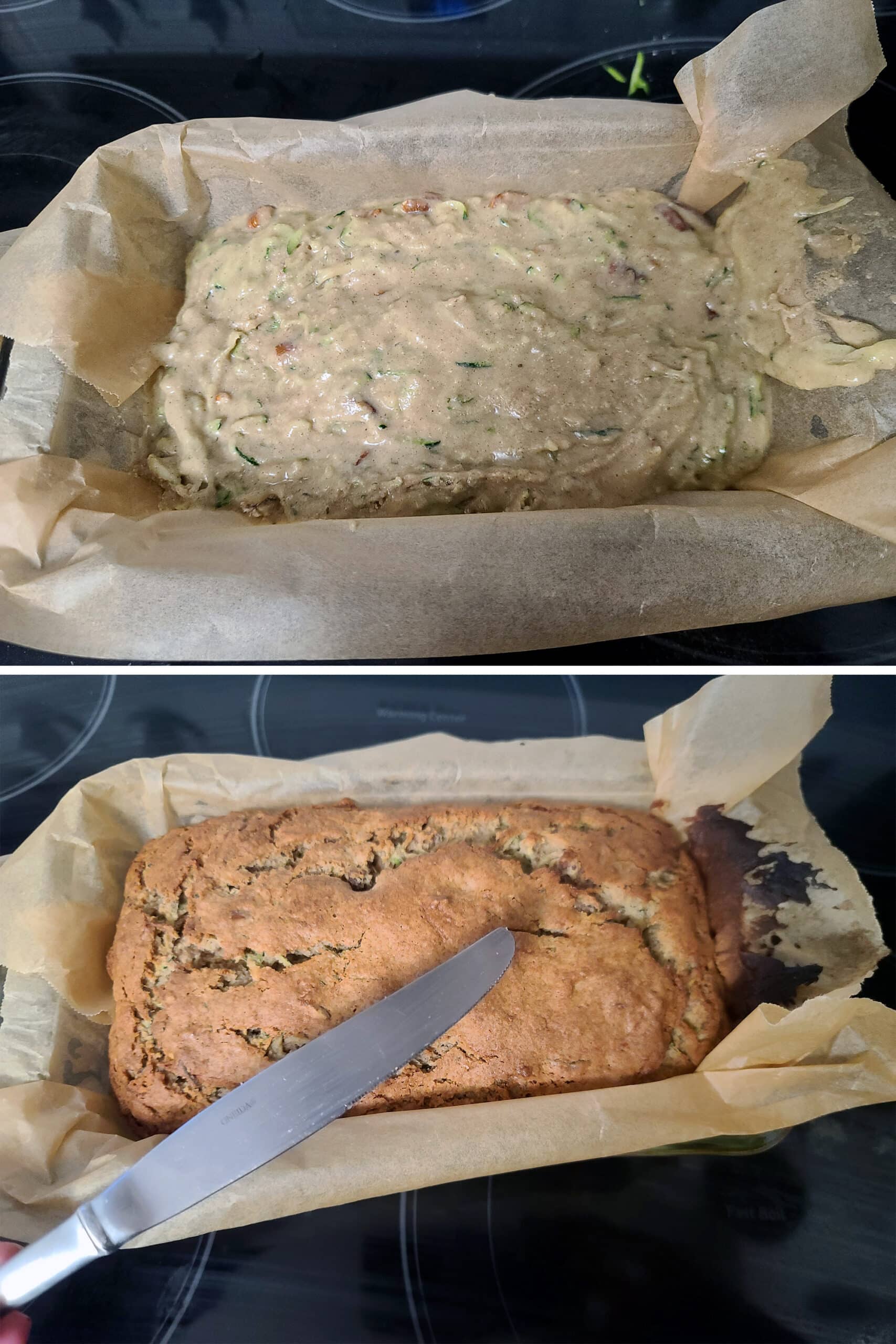 A 2 part image showing the gluten free zucchini loaf before and after baking.