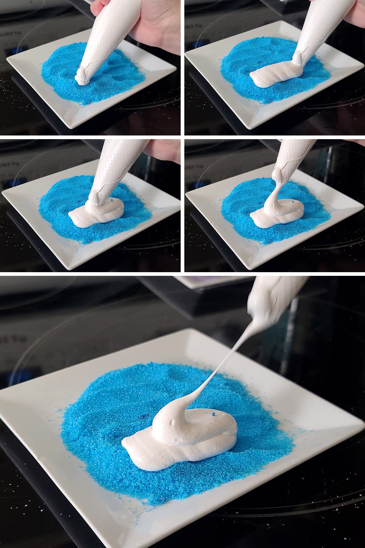 A 5 part image showing the marshmallow being piped onto a plate of blue sugar.