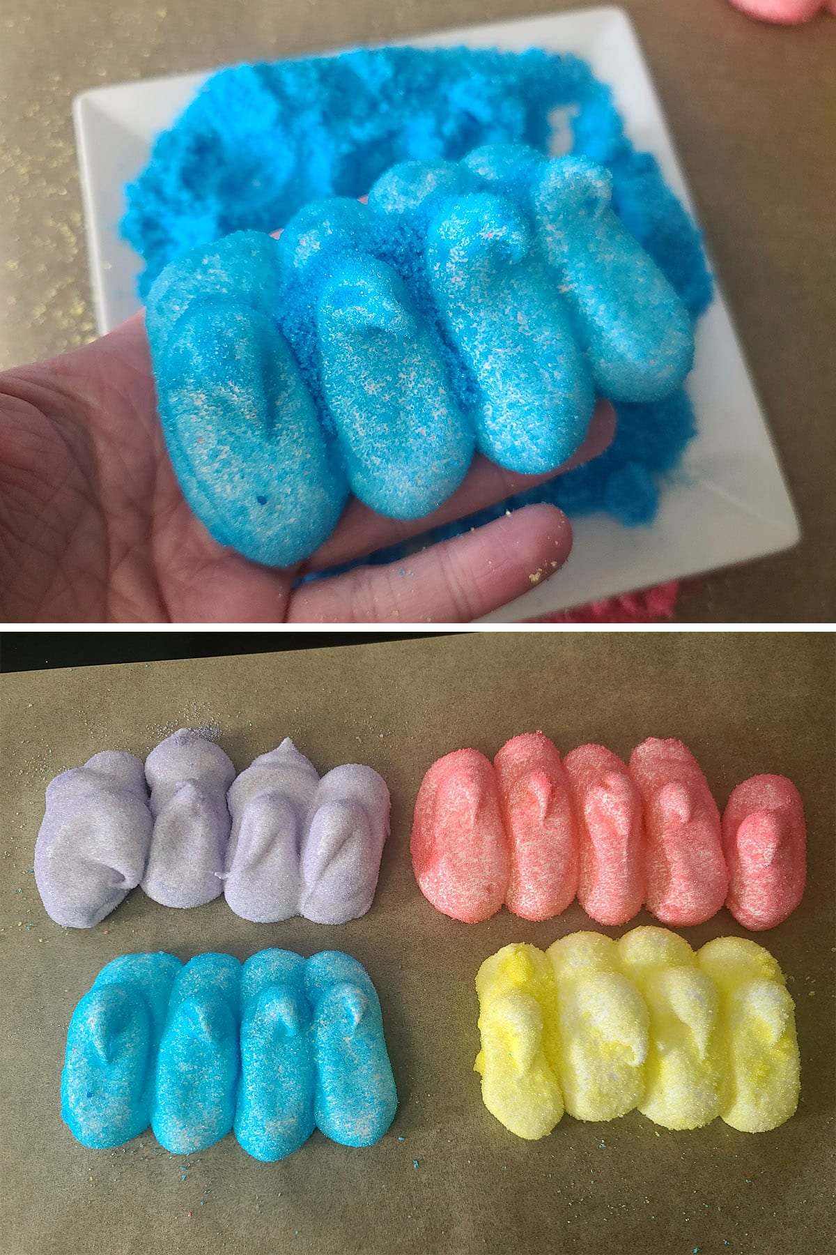 A hand holds up a line of blue homemade peeps, and the finished purple, pink, blue, and yellow peeps on a tray.