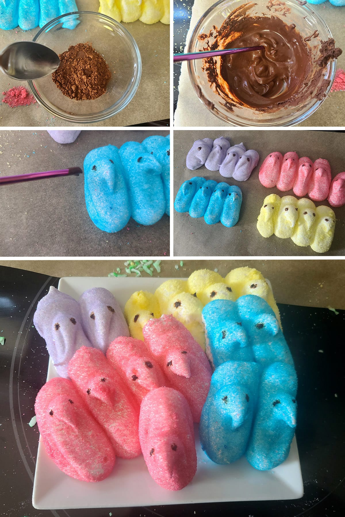 A 5 part image showing cocoa powder being mixed with water and dotted on each peep as eyes.
