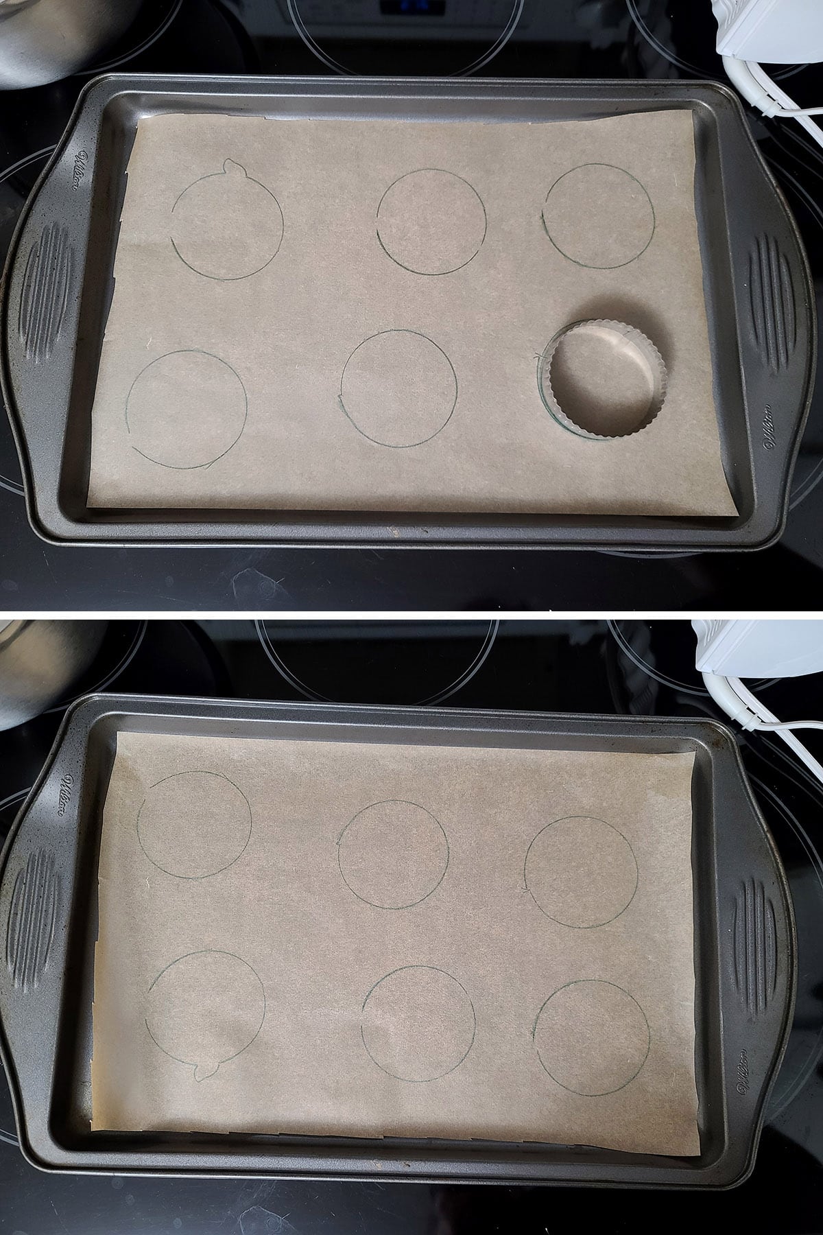 A 2 part image showing a parchment lined baking sheet with circles being drawn on the parchment, then the parchment flipped over on the pan.