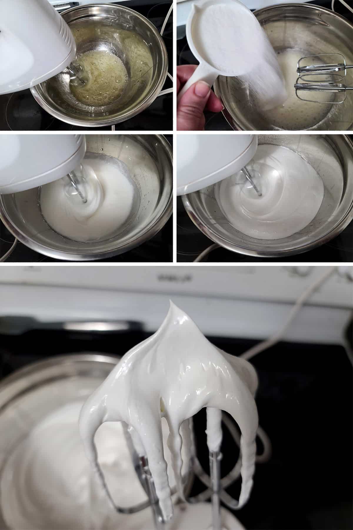 A 5 part image showing the egg whites being whipped with the sugar until stiff. The last photo shows a sharp peak of meringue on upended mixers.