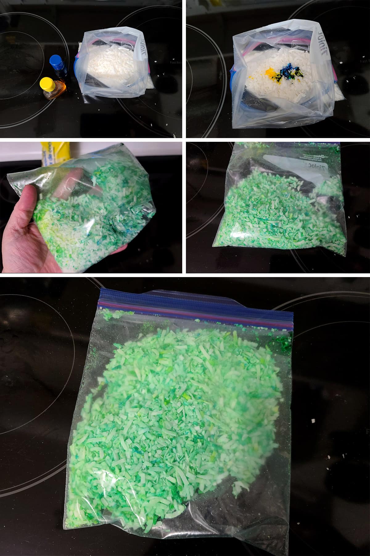 A 5 part image showing coconut flakes in a baggie with blue and yellow food coloring, mixed into green coconut.