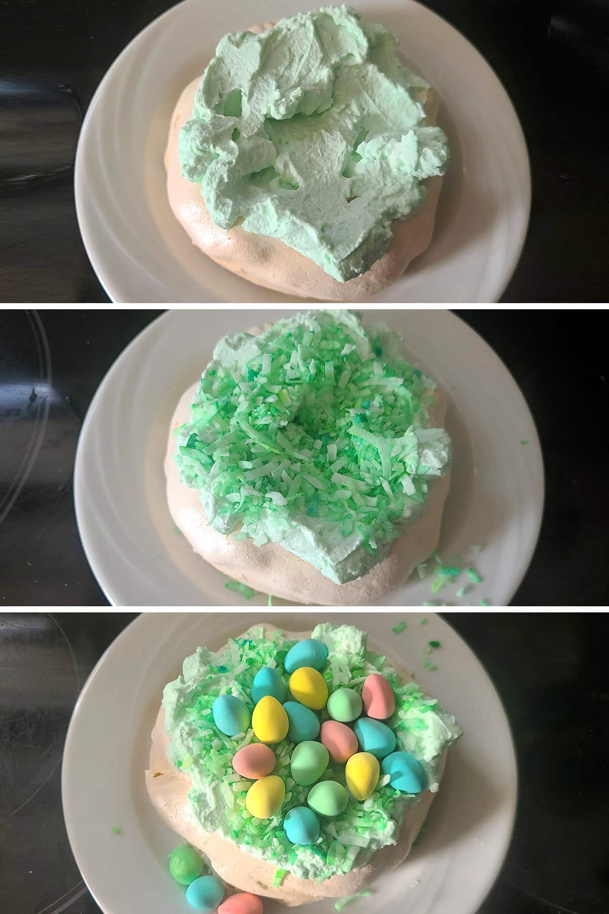 A 3 part image showing a mini pavlova being spread with whipped cream, coconut, and mini eggs.