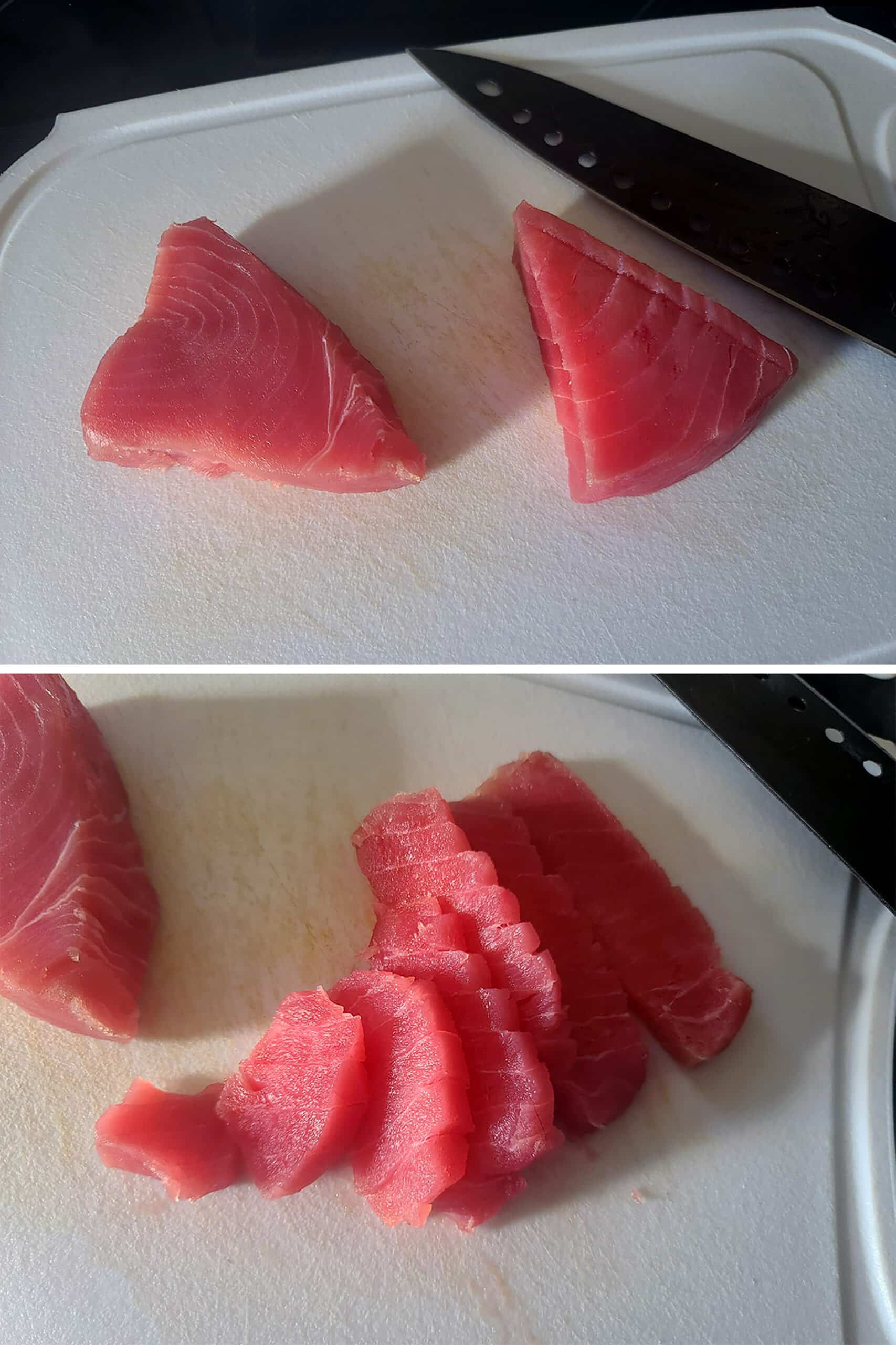A 2 part image showing 2 ahi tuna steaks being thinly sliced.