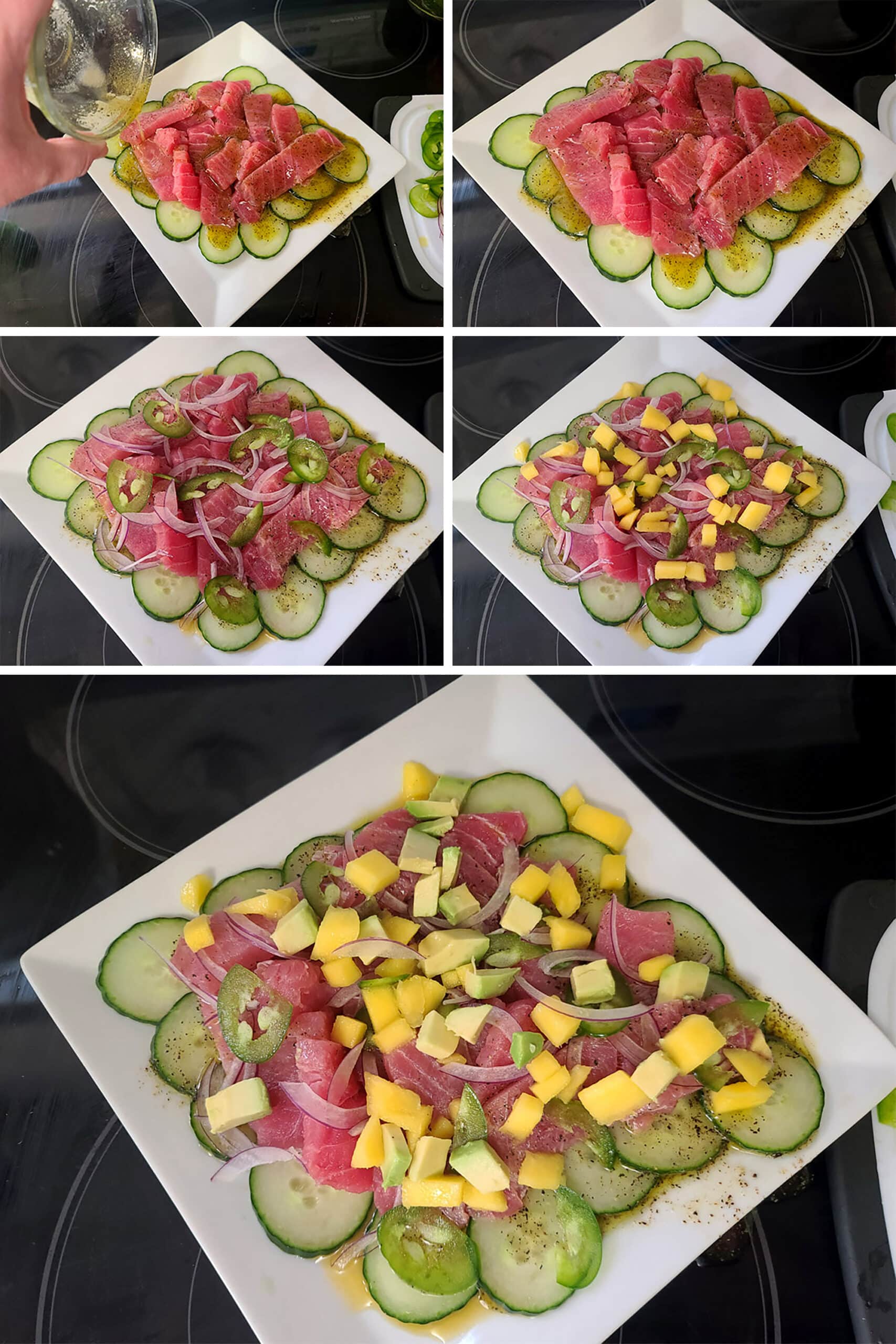 A 5 part image showing the tuna, toppings, and vinaigrette being layered on the cucumber slices.
