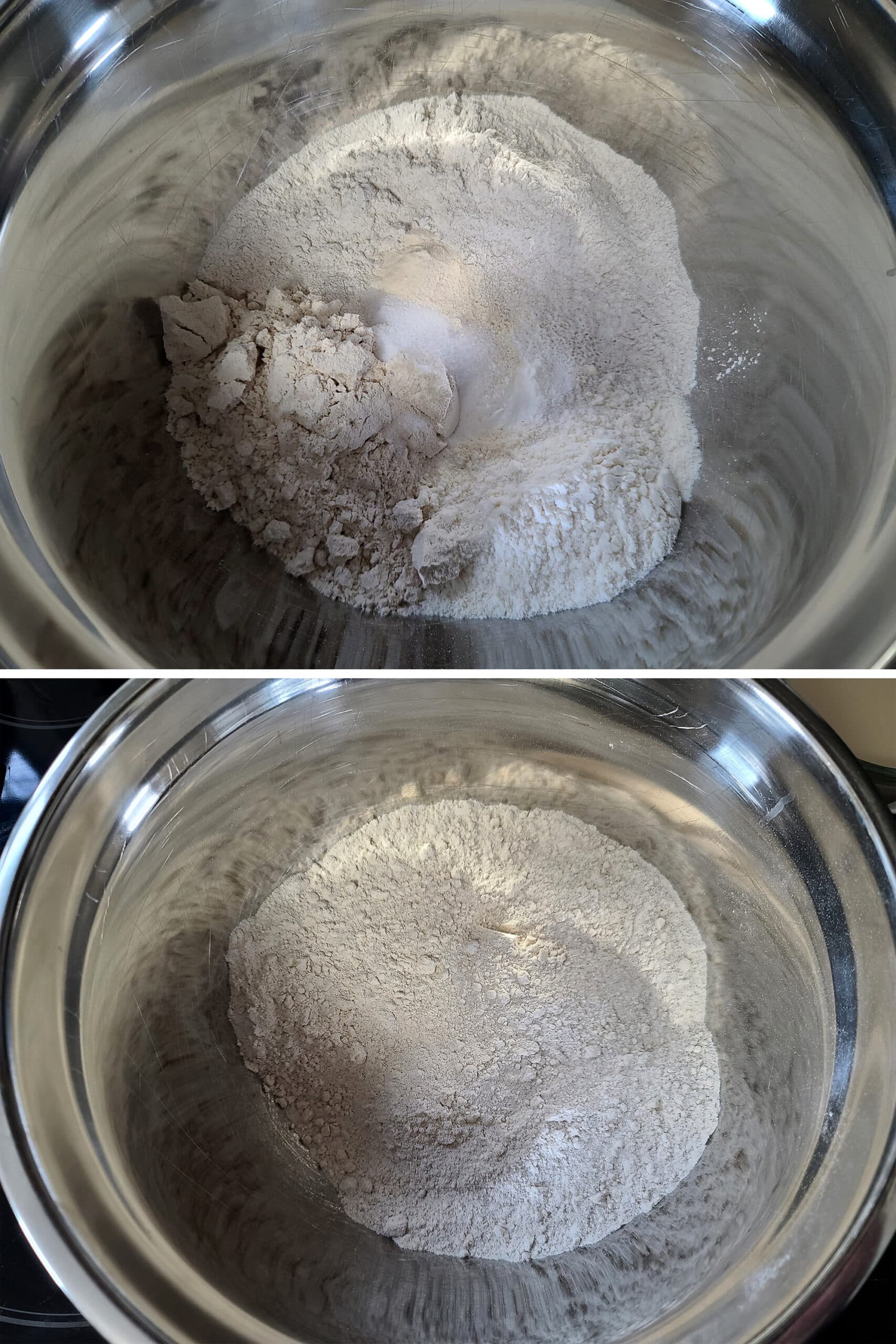 A 2 part image showing the dry ingredients being mixed in a metal bowl.