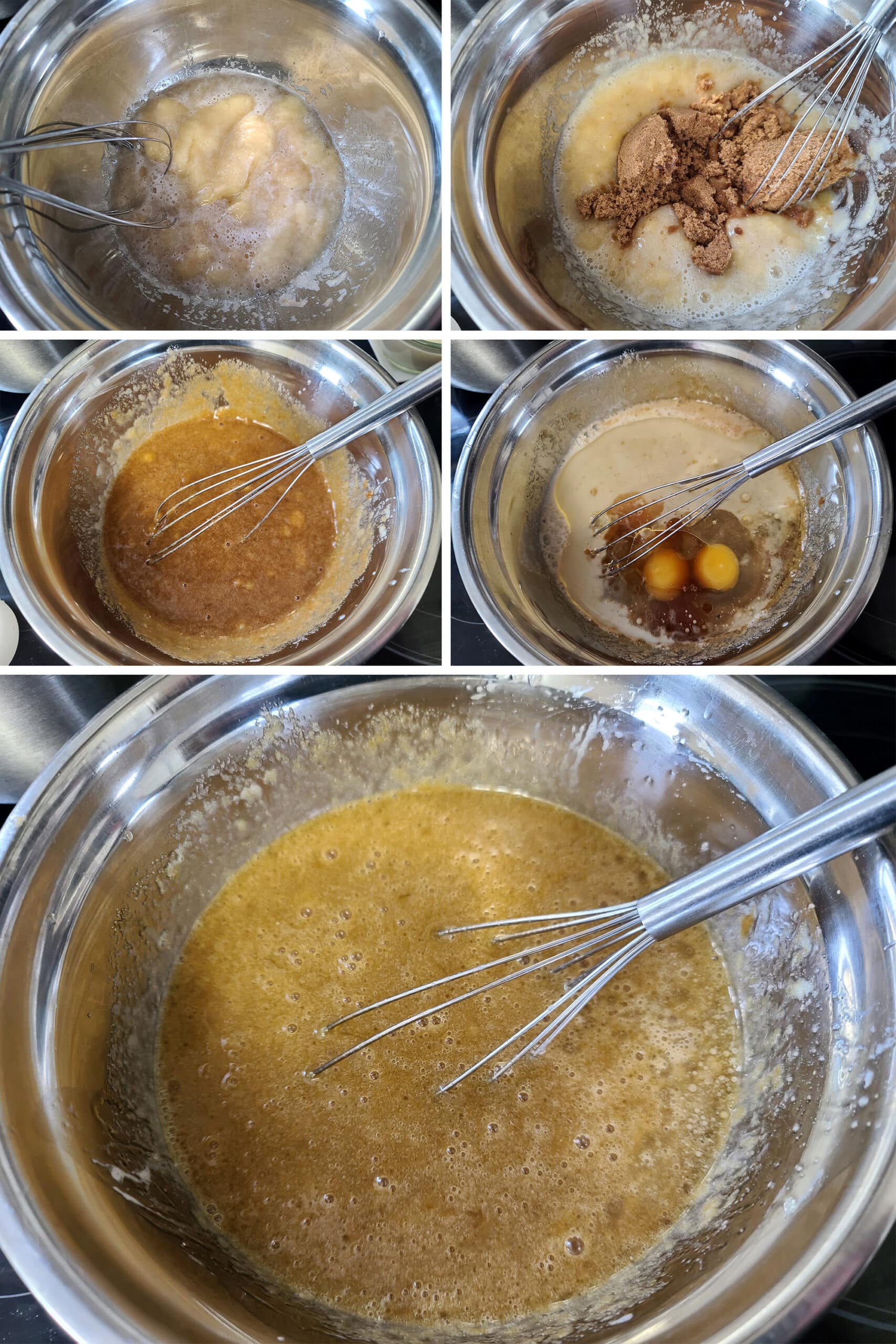 A 5 part image showing the bananas and brown sugar being mixed, then the rest of the wet ingredients whisked in.