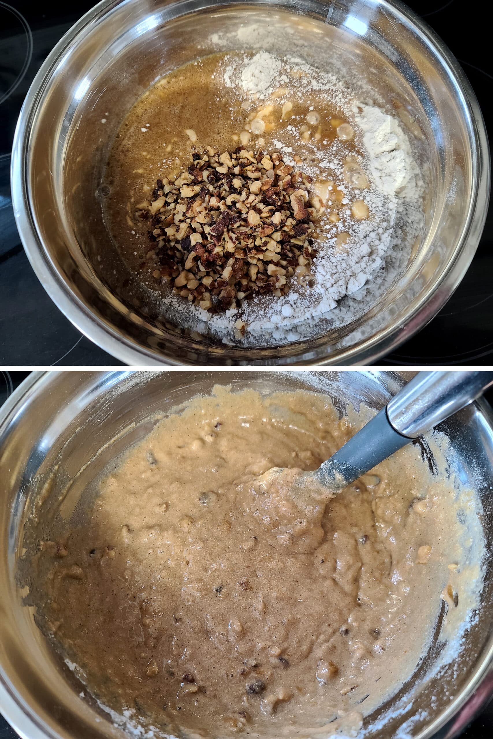 A 2 part image showing the wet ingredients, dry ingredients, and walnuts being mixed together.