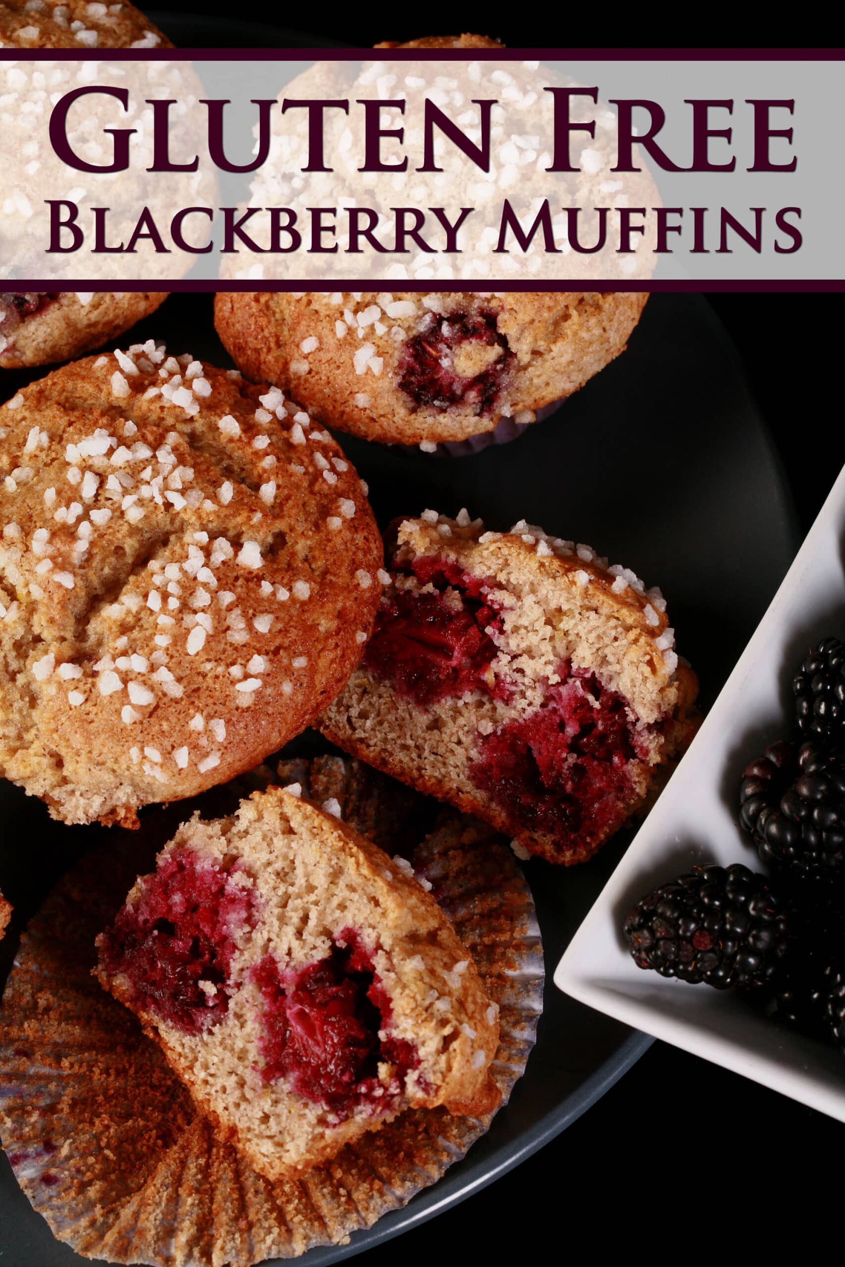 A plate of sugar crusted gluten free blackberry muffins.